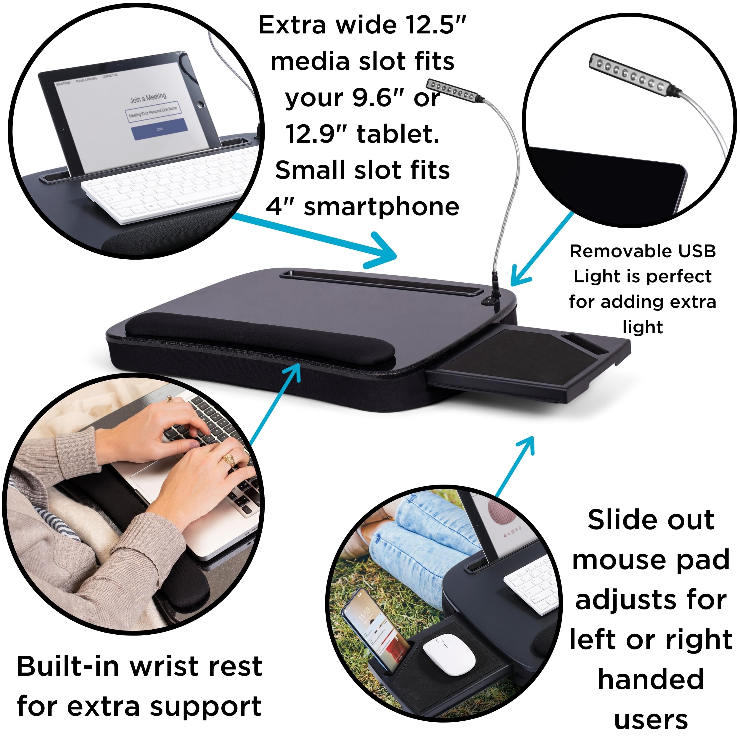 SOFIA + SAM Multi-Tasking Memory Foam Lap Desk up to 15" Laptop w/USB Light & Mouse Pad - Portable Foldable Laptop Tray w/Cushion for Bed, Couch, Desk - Ergonomic Lapdesk for Home Office & Reading