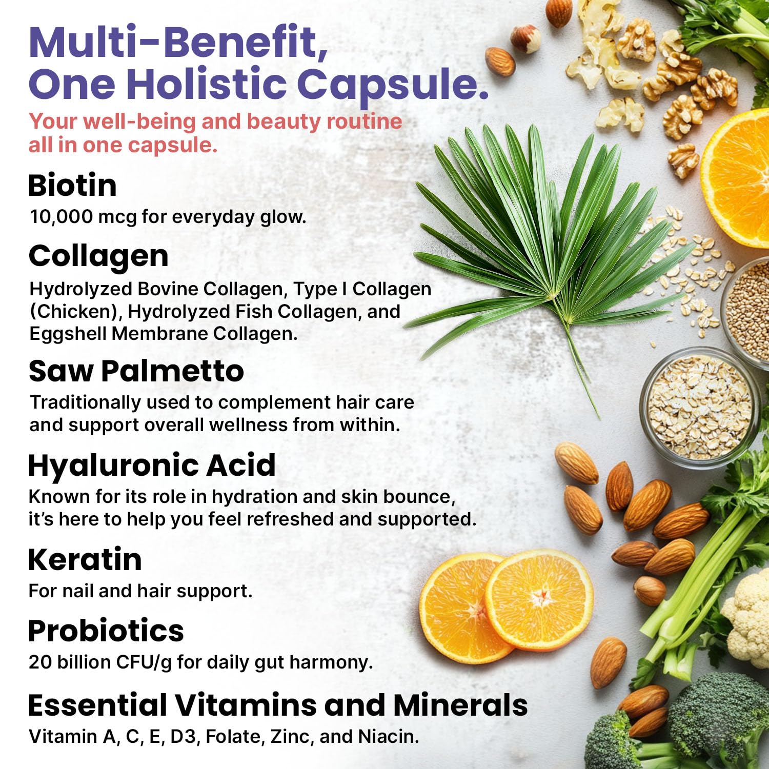 27-in-1 Hair Skin and Nails Vitamins (6810mg) with Biotin 10000mcg - Collagen Supplements for Men and Women - Keratin Supplements with Probiotics and Saw Palmetto, 90ct