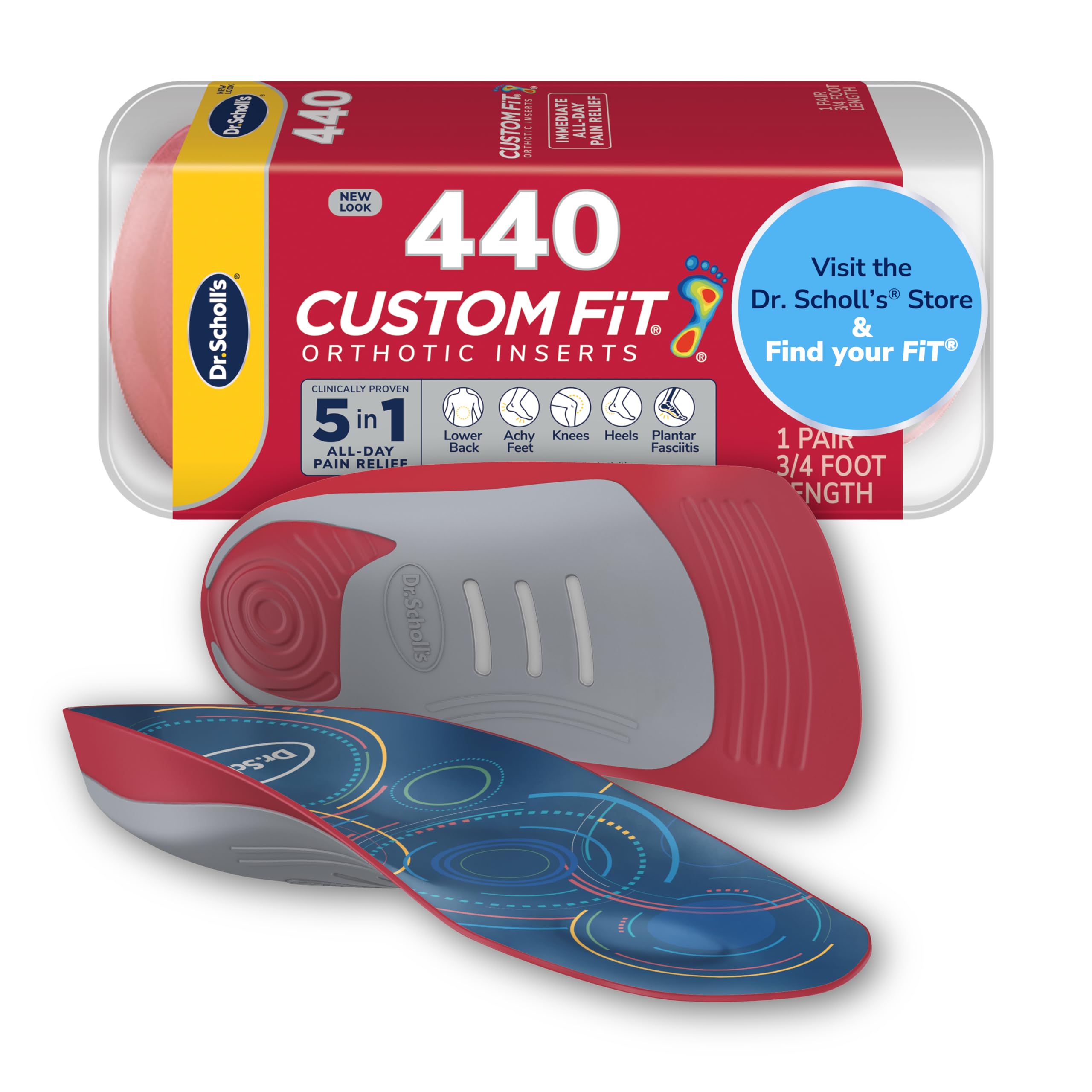 Dr. Scholl’s Custom Fit Orthotics 3/4 Length Inserts CF 440, 5-in-1 All-Day Pain Relief for Feet, Lower Back, Knees, Heel & Plantar Fasciitis, Arch Support Shoe Insoles for Men Women, FSA HSA Eligible