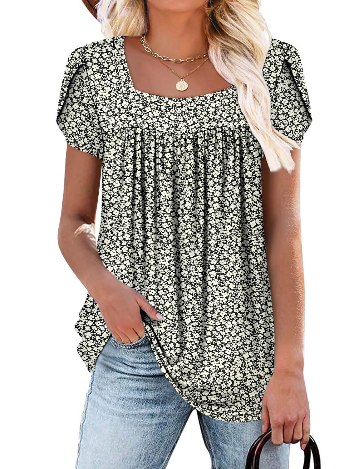 BETTE BOUTIK womens summer petal short sleeve women summer tops loose fit trendy tops square neck tops for women Jade White X-Large