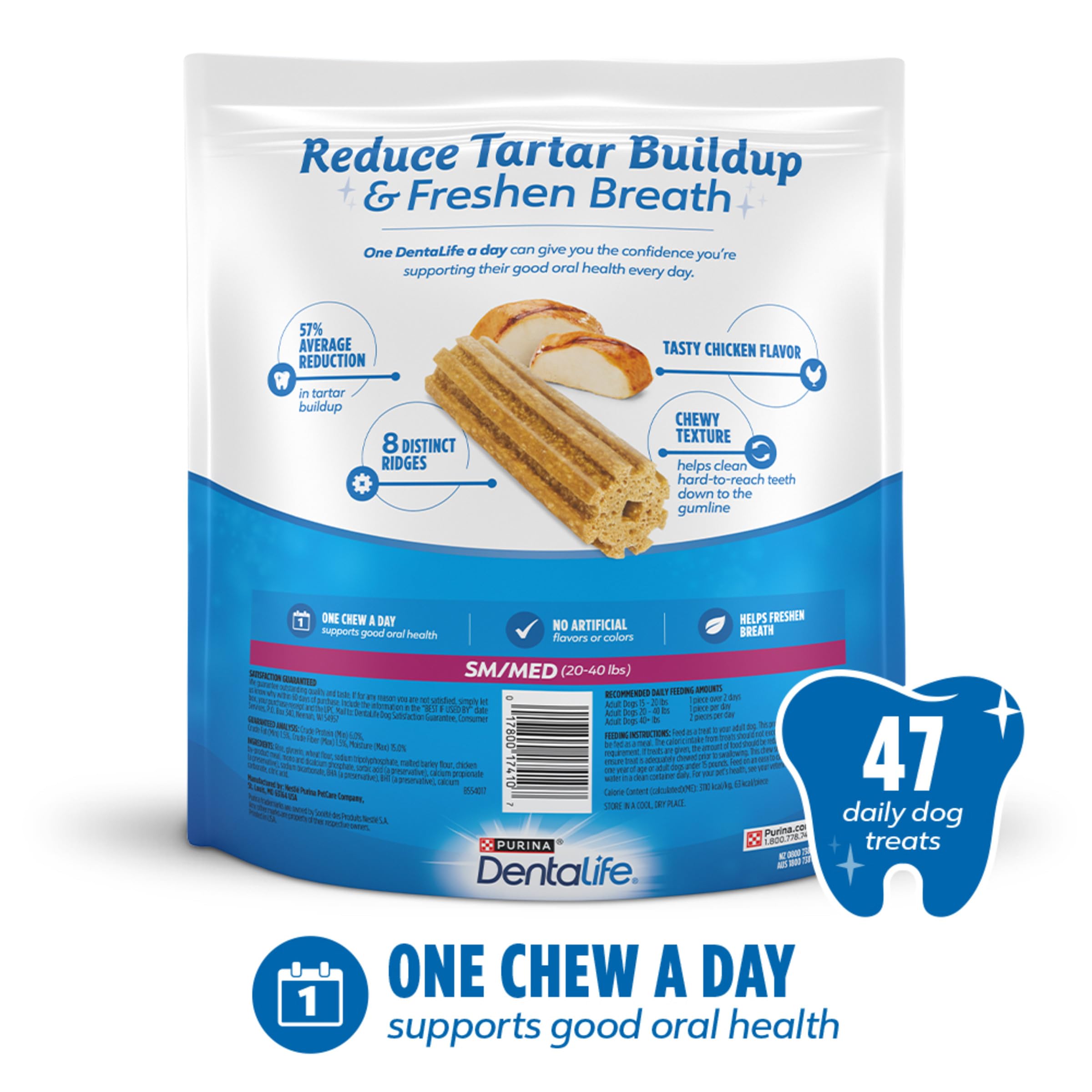 DentaLife Daily Oral Care Dog Treats for Small and Medium Dogs, Chewy Dental Treat to Freshen Breath and Fight Tartar, Chicken Flavor, 35.7 oz. each, 47 Chews each/94 Total Chews - 47 ct. Pouch