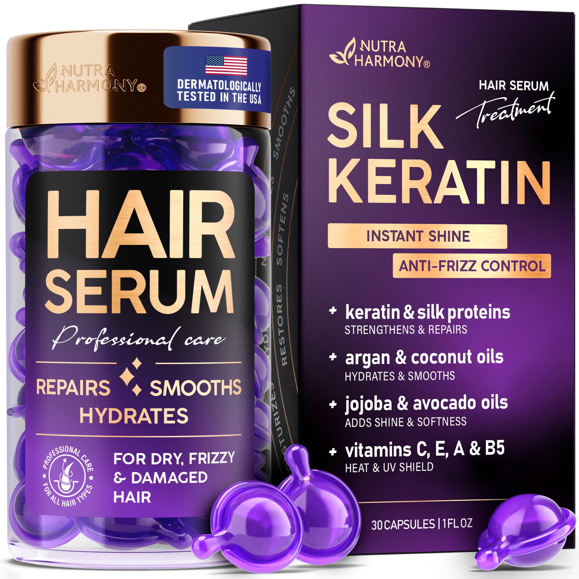 Hair Serum Capsules – Keratin & Silk Protein Hair Treatment with Argan, Coconut, Jojoba & Avocado Oils – Leave‑In Anti‑Frizz Hair Oil w/ Vitamins A, E & B5 for Dry, Damaged Hair – No Rinse, 30 ct