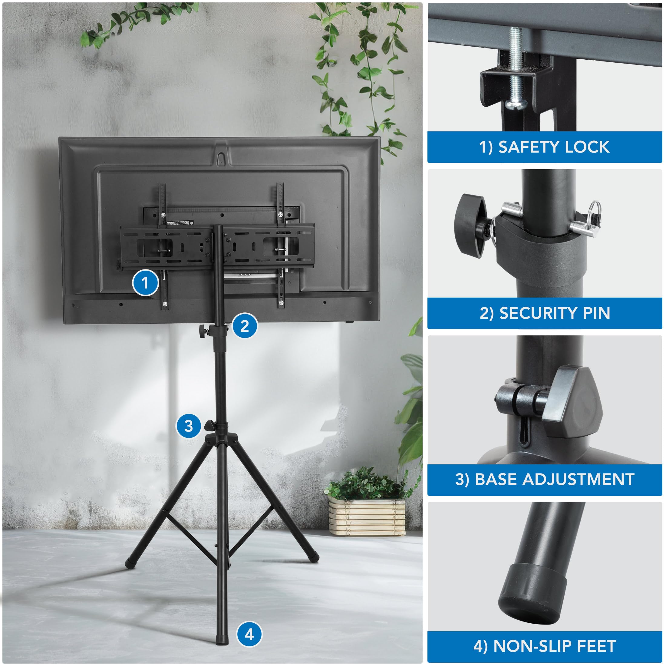 Mount-It! Tripod TV Stand – Portable TV Tripod for Flat Screens 32-70 Inch – Indoor/Outdoor Height Adjustable Stand, VESA 200x200 to 600x400, for LCD, LED, OLED, Curved TVs, Holds up to 77lbs