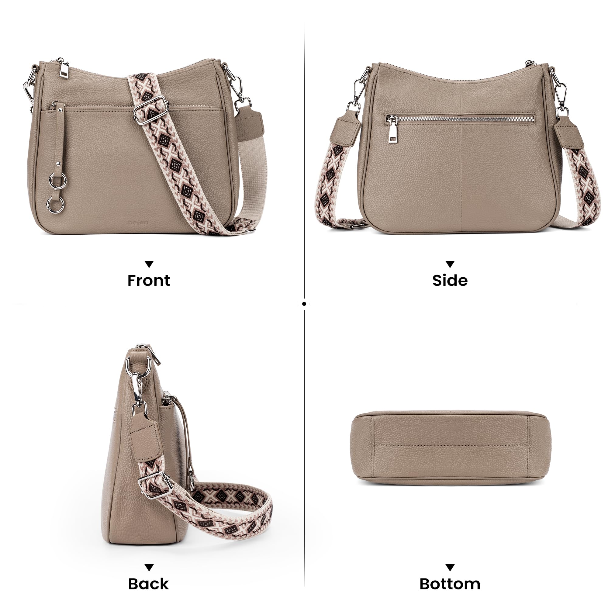 befen Genuine Leather Crossbody bag for Women, Brown Leather Purse Women's Hobo Crossbody Purse Shoulder Handbags with Adjustable Wide Shoulder Strap for Everyday and Travel,Grey