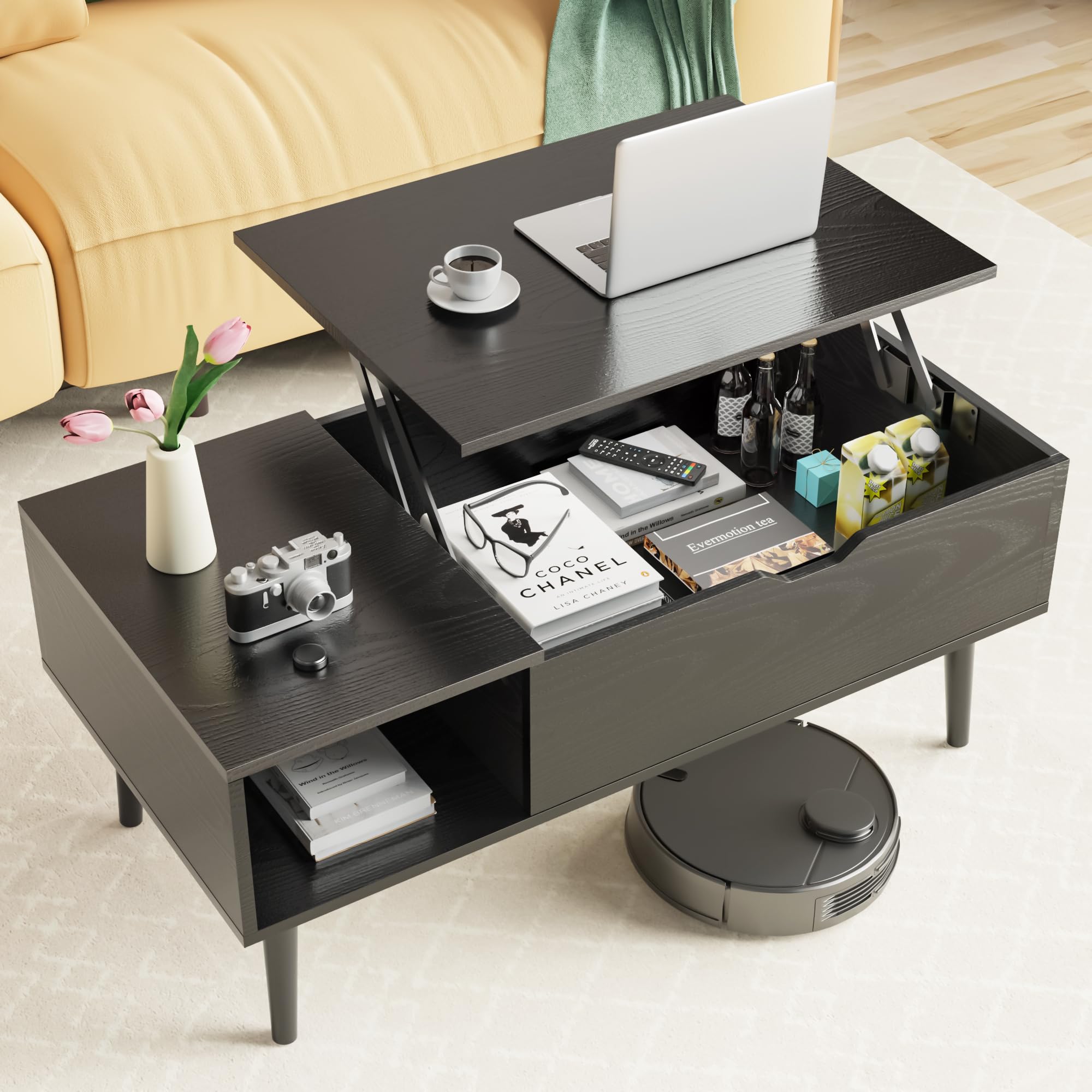 DUMOS Lift Top Coffee Tables for Living Room Apartment, Rising Tabletop Wooden Coffee Table Desk with Storage Shelf and Hidden Compartment, Black
