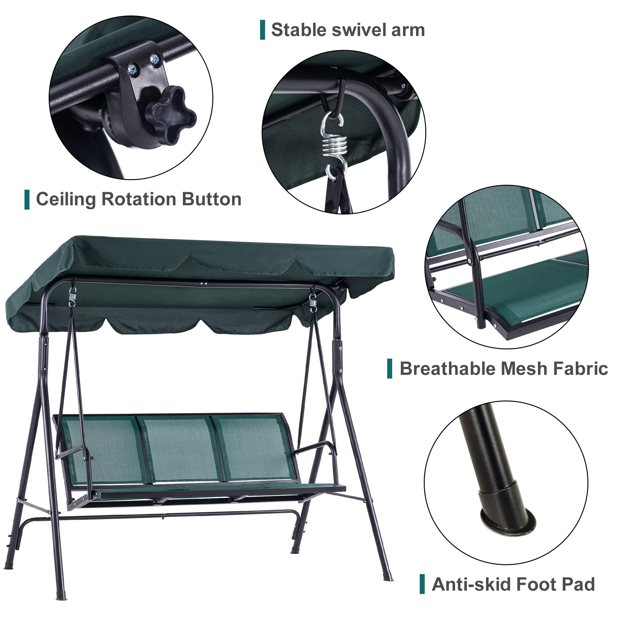 MCombo Outdoor Patio Canopy Swing Chair 3-Person, Steel Frame Textilence Seats Swing Glider, 4507 (Green)