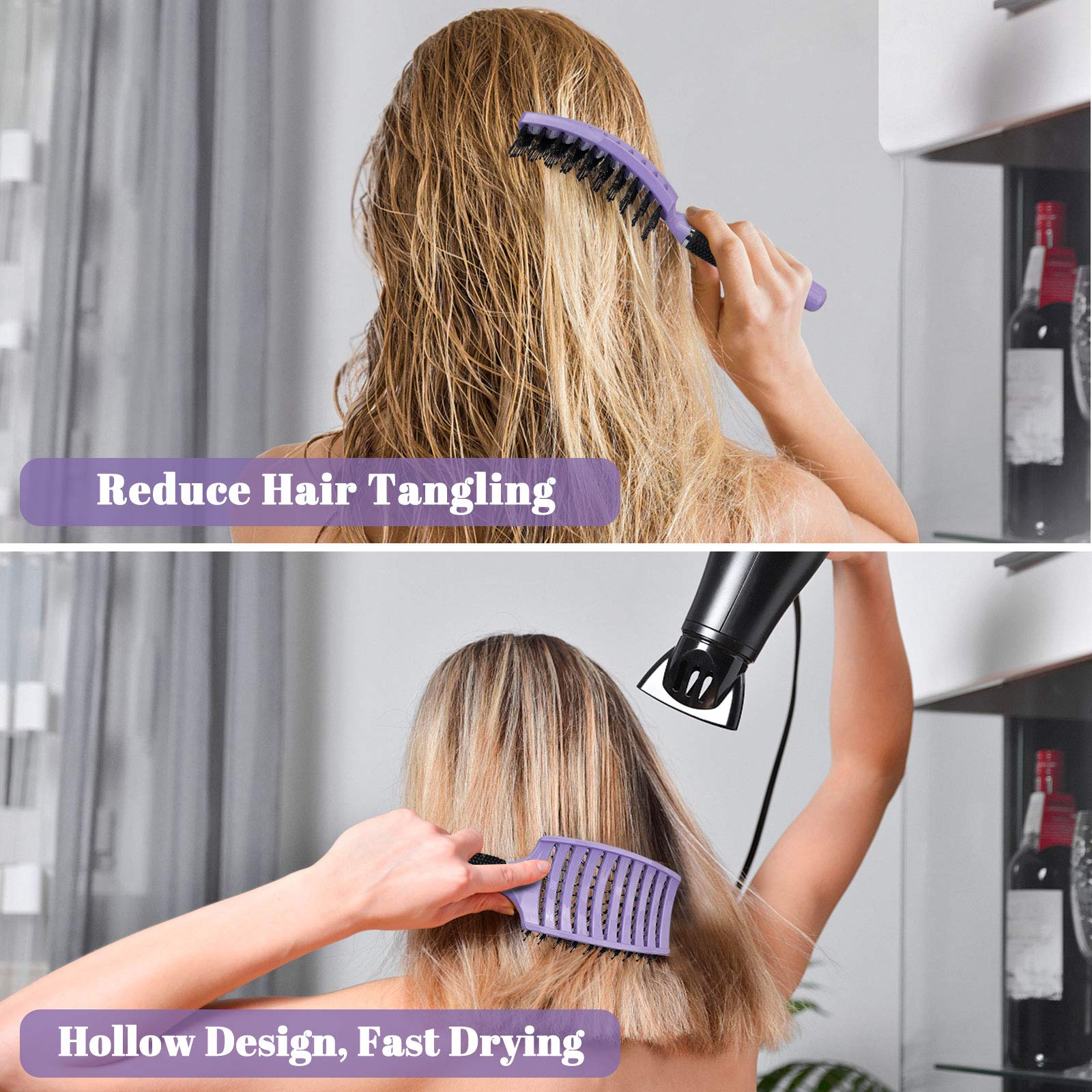Boar Bristle Hair Brush Set of 2, HIPPIH Wet & Dry Hair Brushes Made by Fine Natural Boar Hair Can Adds Shine and Smoothing, Detangling Long Curly Thick Hair for Women, Men & Kids'