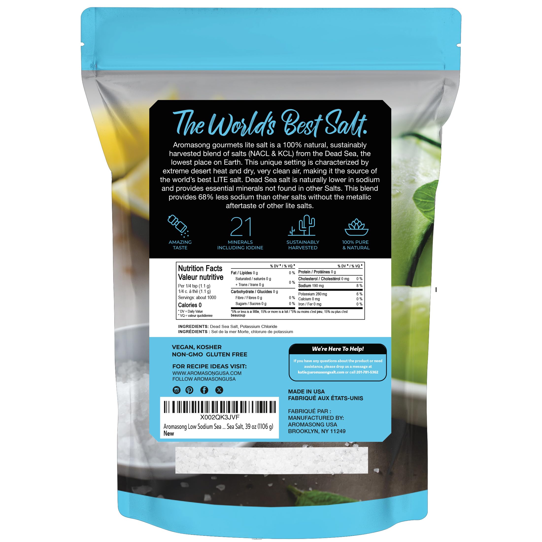 Aromasong Low Sodium Sea Salt 100% Natural Fine Grain Dead Sea Potassium Chloride with Dead Sea Salt, 39 oz (1106 g)