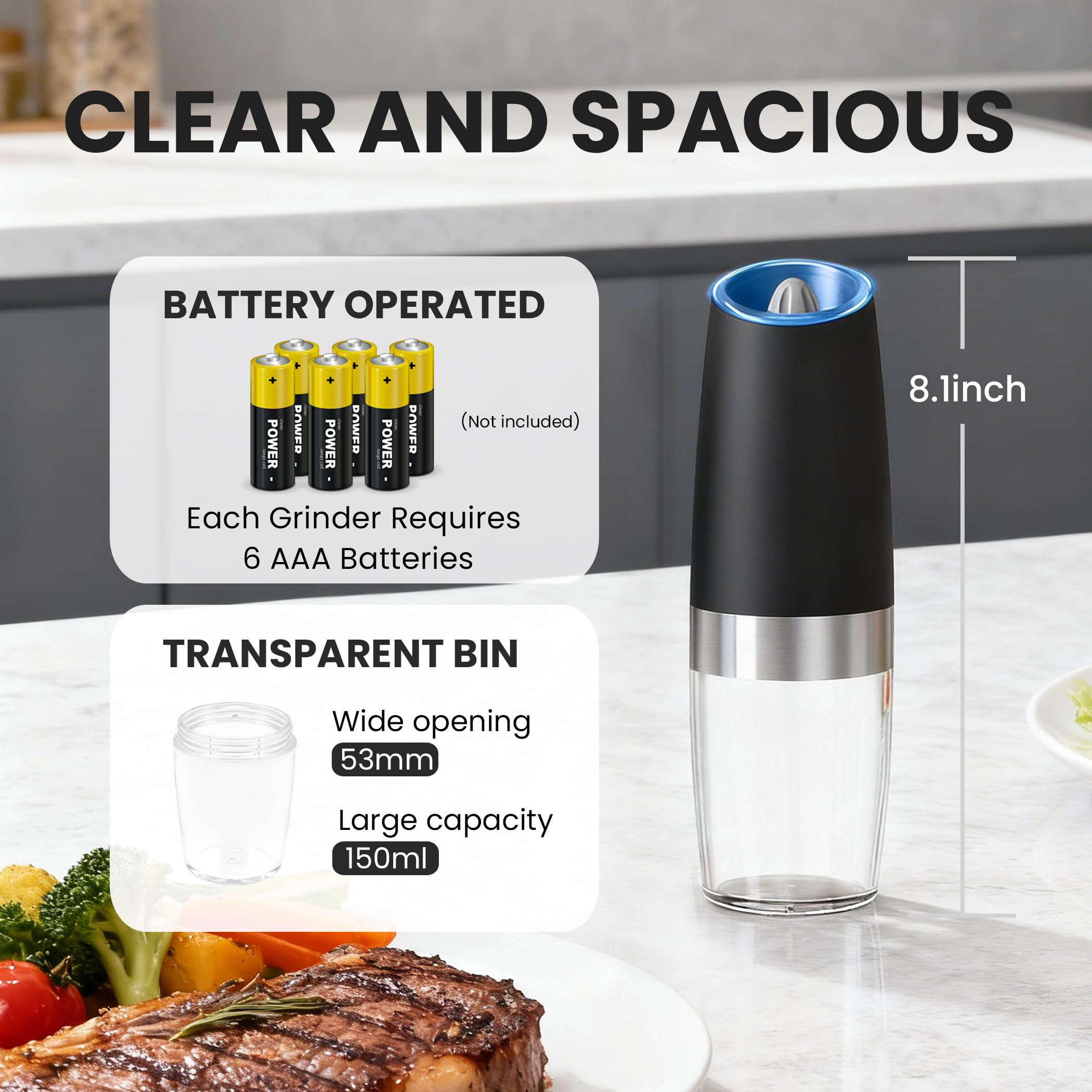 UNNEES Gravity Electric Salt and Pepper Grinder set of 2, Automatic Salt And Pepper Grinder Set, Adjustable Roughness, Battery Powered, LED Light, 2 Pack, (Black)