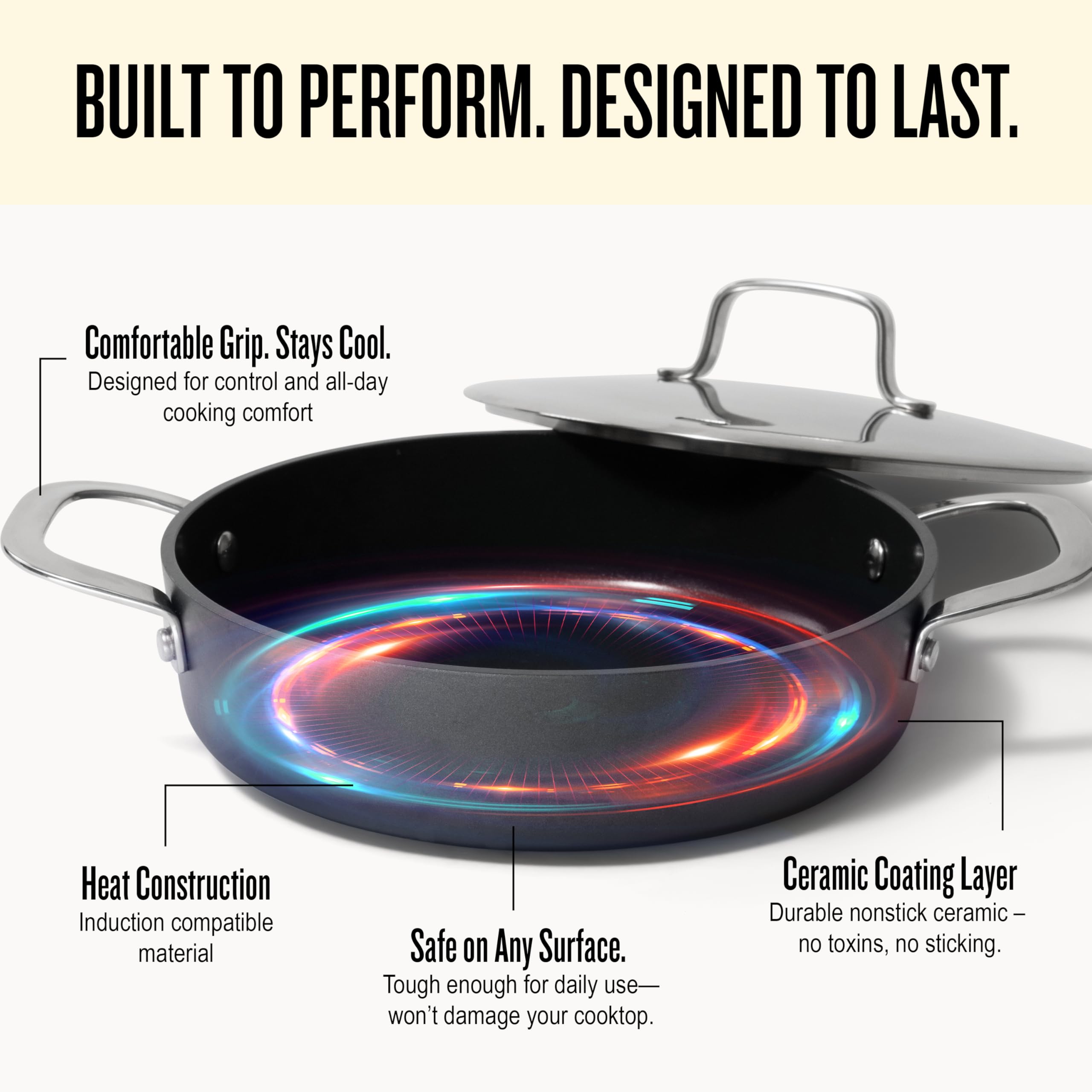 Alva Maestro Nonstick Ceramic Saute Pan with Lid 3.5Qt. - Oven Safe and Made without PFAS, PFOA & PTFE - Induction and All Stovetop Compatible with Even Heat Distribution