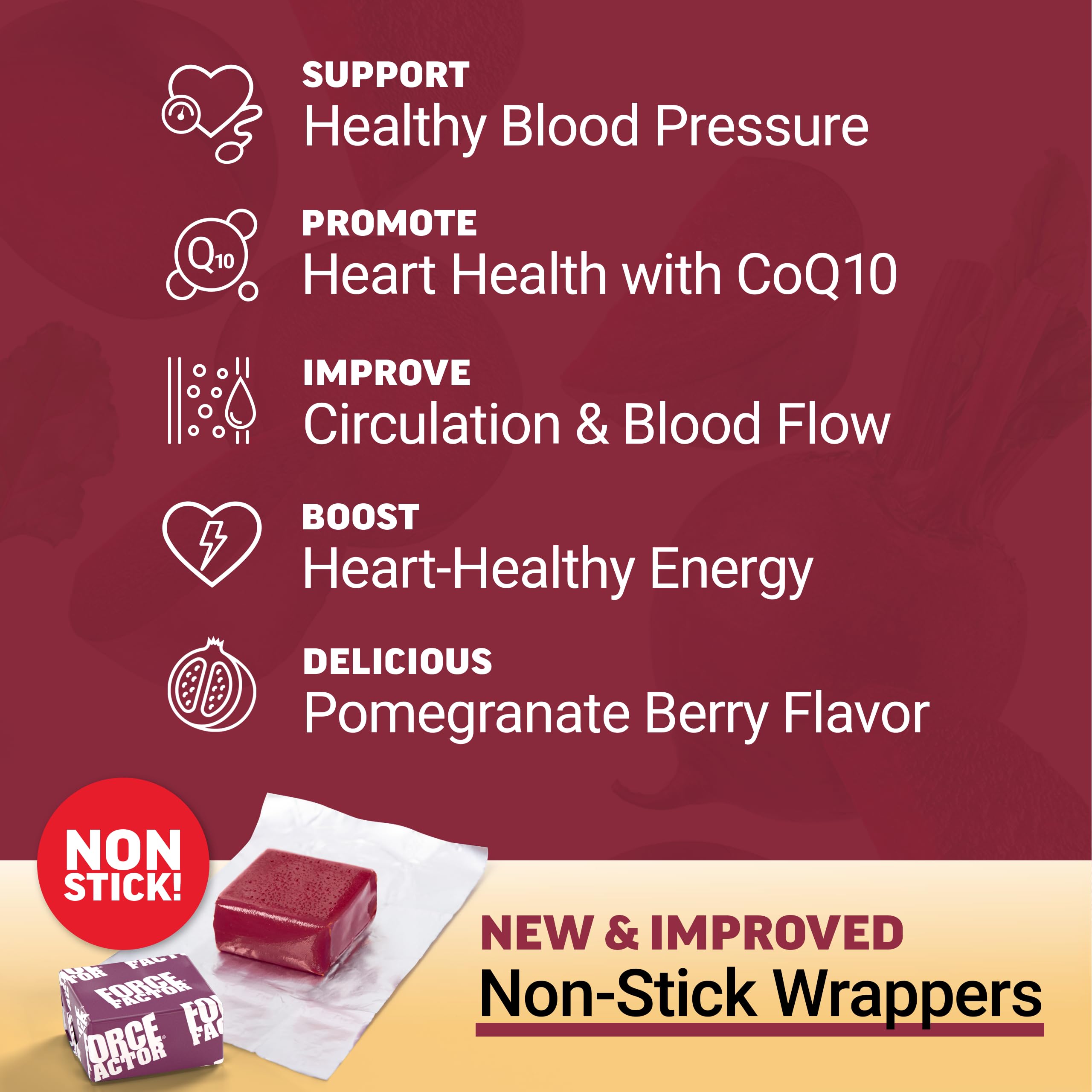FORCE FACTOR Total Beets Ultimate Heart Health Chews for Blood Pressure Support, with Beetroot Powder, CoQ10, B Vitamins & Grapeseed Extract for Blood Flow & Energy, Black Cherry, 60 Soft Chews