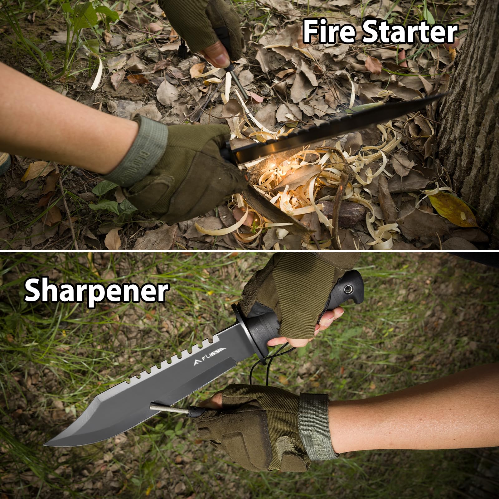 FLISSA Survival Hunting Knife with Sheath, 15-inch Full Tang Fixed Blade Tactical Bowie Knife with Sharpener & Fire Starter for Camping, Outdoor, Bushcraft