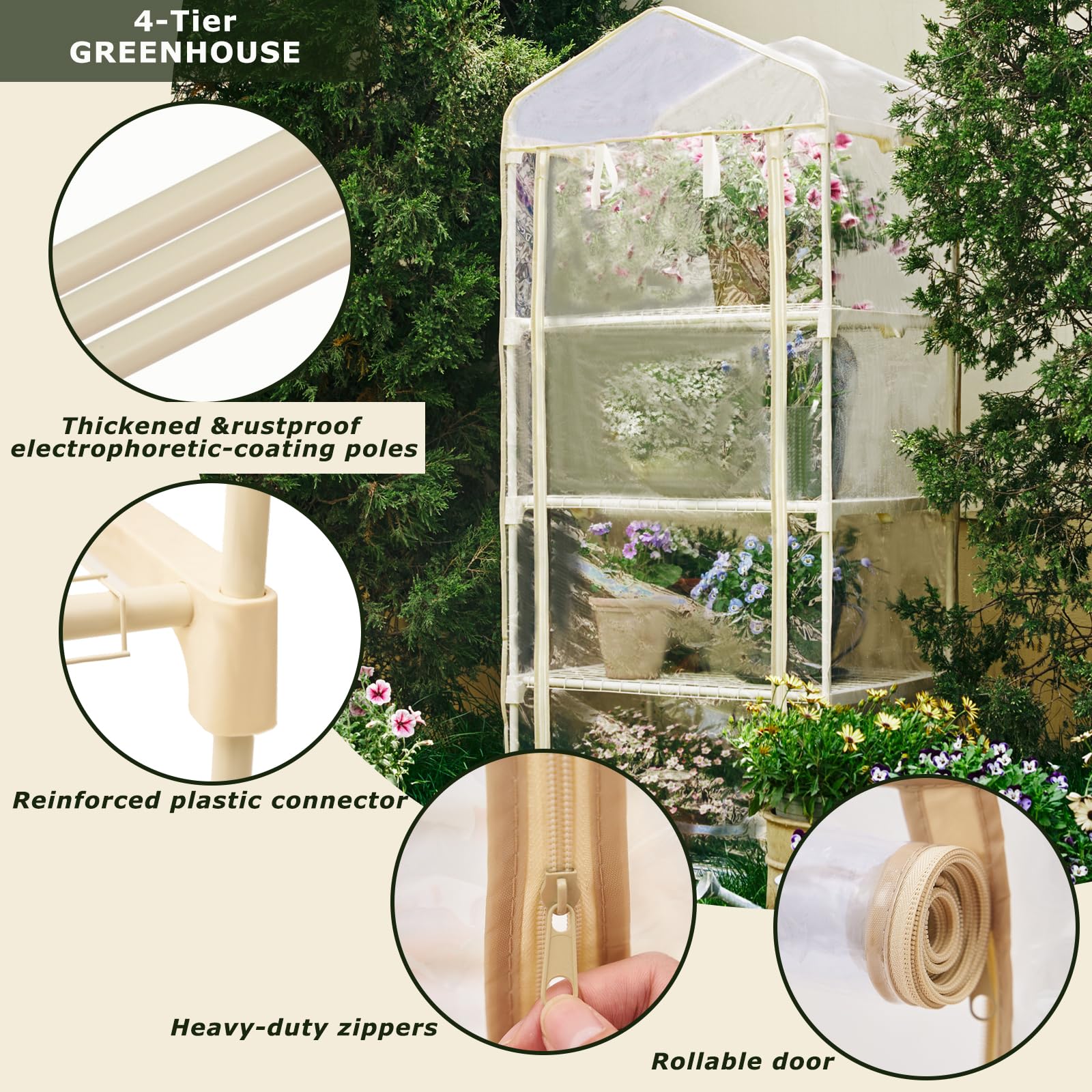 Purlyu Mini Greenhouse with Grow Light , 4 Tier 27.2" ×19.9" ×61.8" Portable Greenhouse with Zippered for Seed Starting Trays , Dimmable 2ft 60W Plant Light for Indoor Plant with Timer(PLGH704OWPT)
