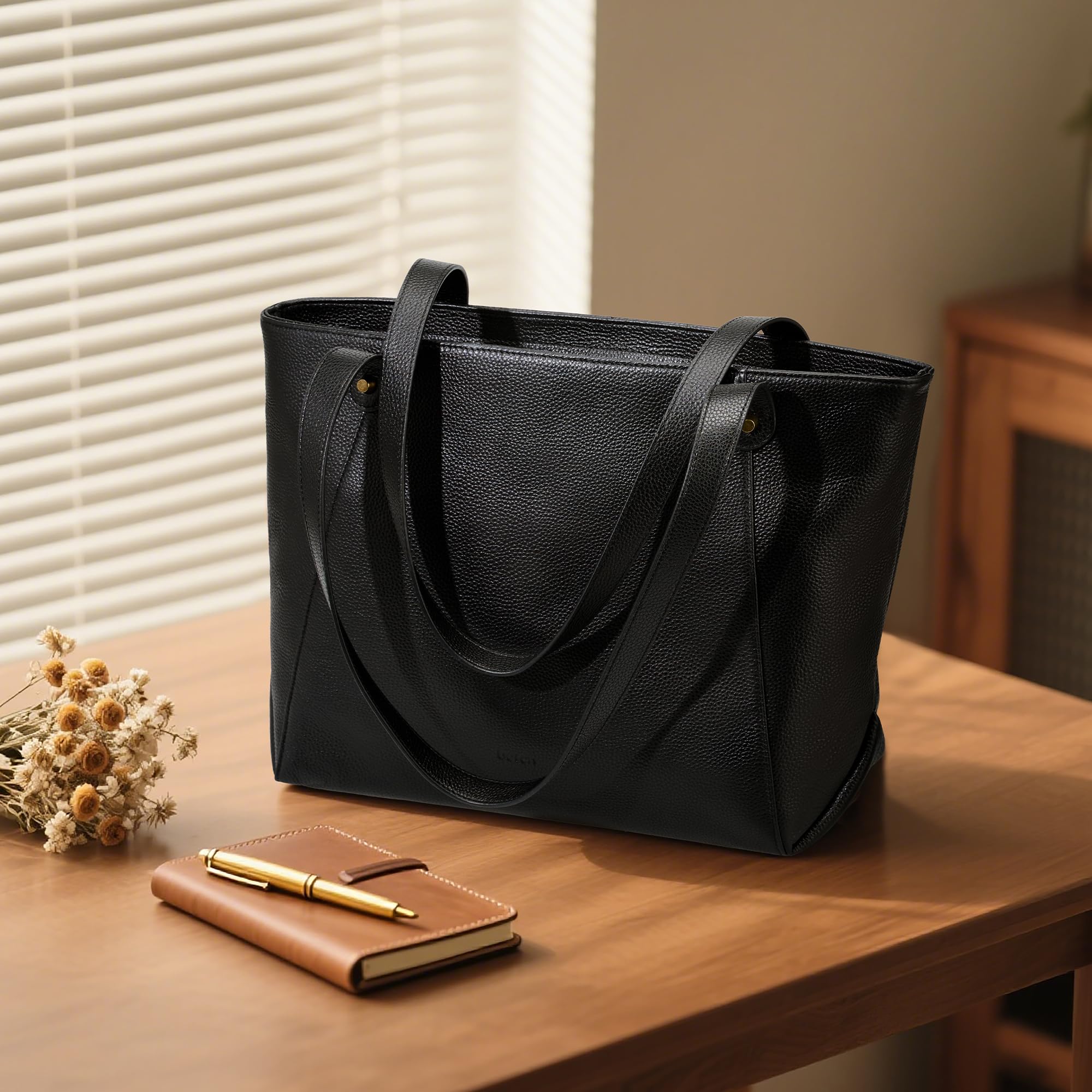 befen Black Leather Shoulder Purse for Women, Women's Work Travel Tote Bags Large Capacity Handbag, Lightweight Satchel for Women Trendy