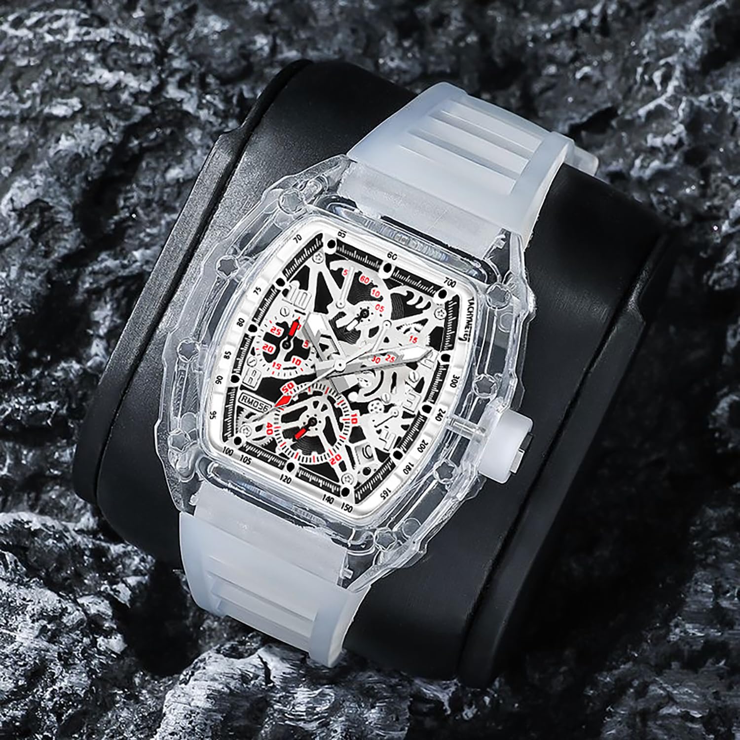 BESTKANG Fashion Hollowed Men Watches Transparent Tonneau Analog Display Quartz Date Waterproof Male Wrist Watch (White)