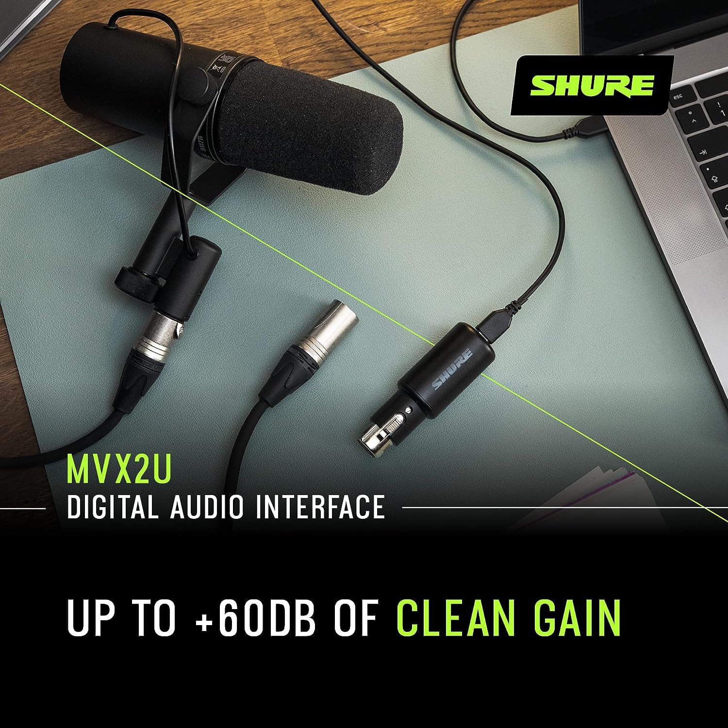 Shure SM58-LC Microphone Bundle with MVX2U XLR-to-USB Digital Interface with Headphone Jack, Integrated Pre-amp with 60dB Gain Control, Zero-Latency Monitoring, 48V Phantom Power and USB-C Cable
