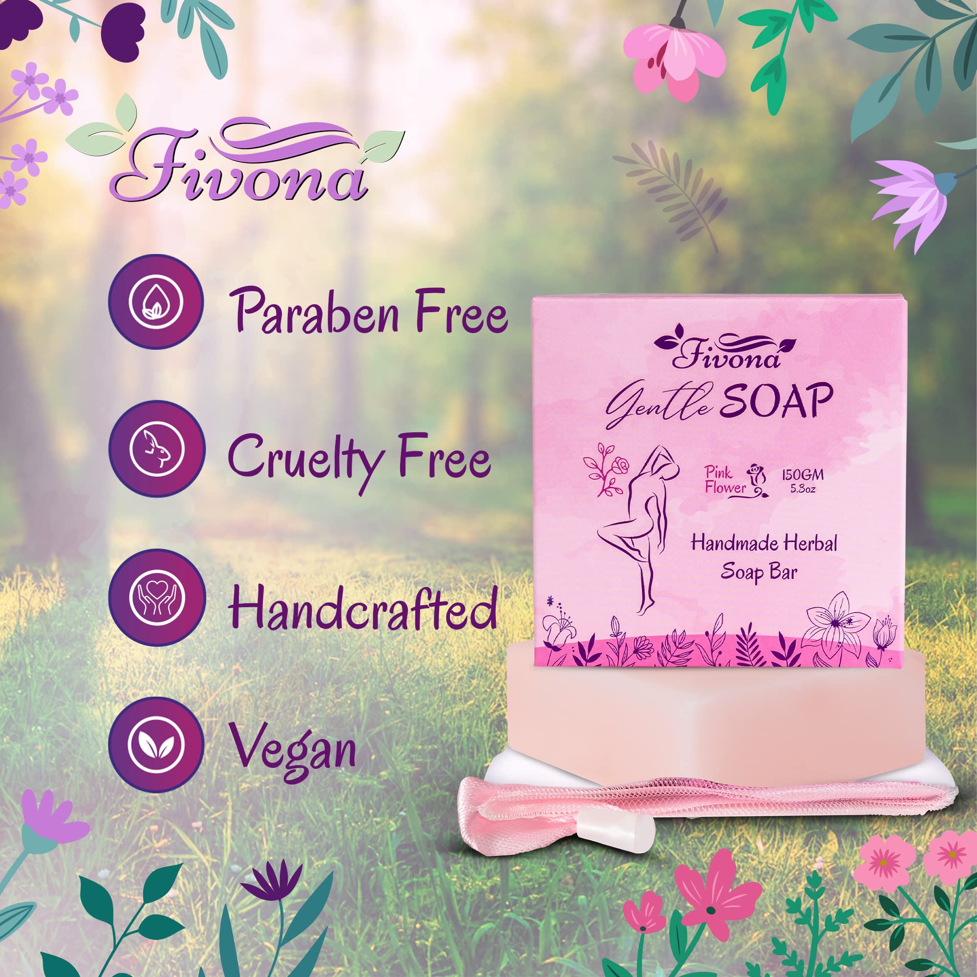FIVONA Yoni Soap Herbal Bar 5.3oz for Gentle Feminine Intimate Wash and Whole Body All-Natural Handmade Includes Exfoliating Scrubber Foaming Net - Natural Detox and Vagi Cleansing