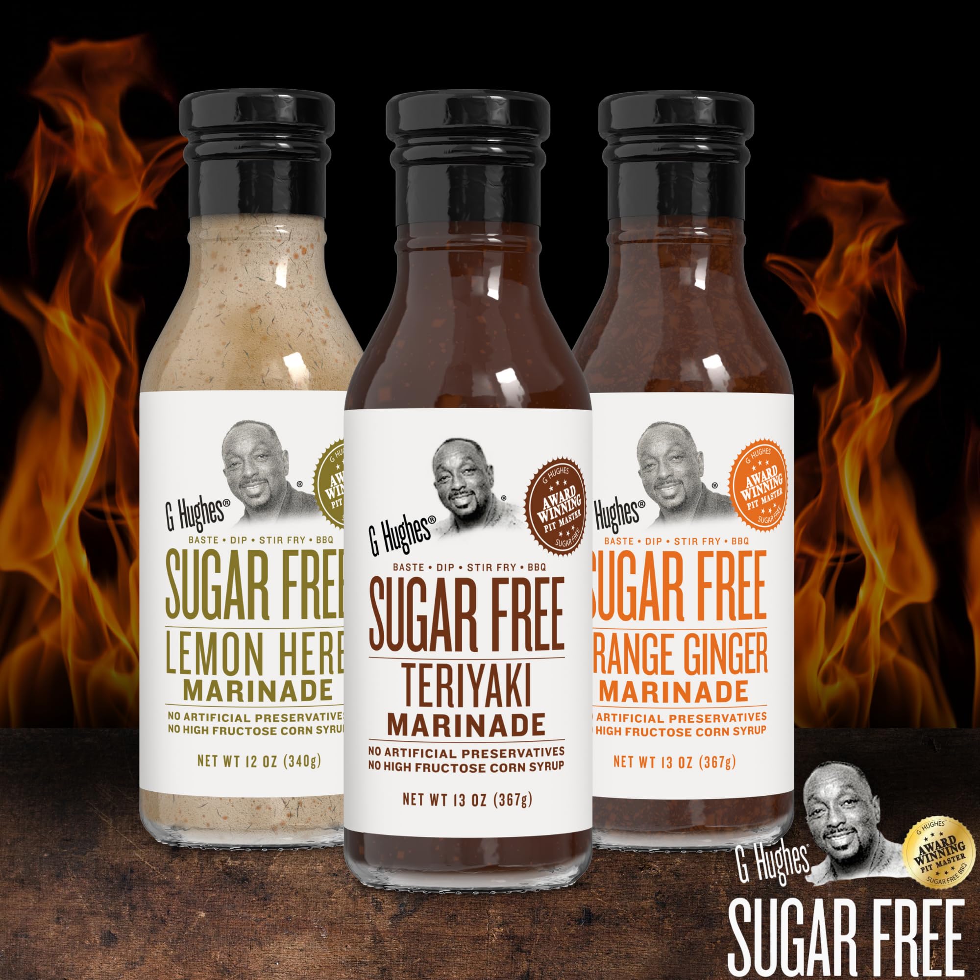 G Hughes Sugar Free, Assorted Marinades - Gluten Free, Sugar Free Sauces and Marinades Gift Sets, Marinades for Meats, (1) Lemon Herb 12oz bottle (1) Teriyaki 13oz bottle & (1) Orange Ginger 13oz