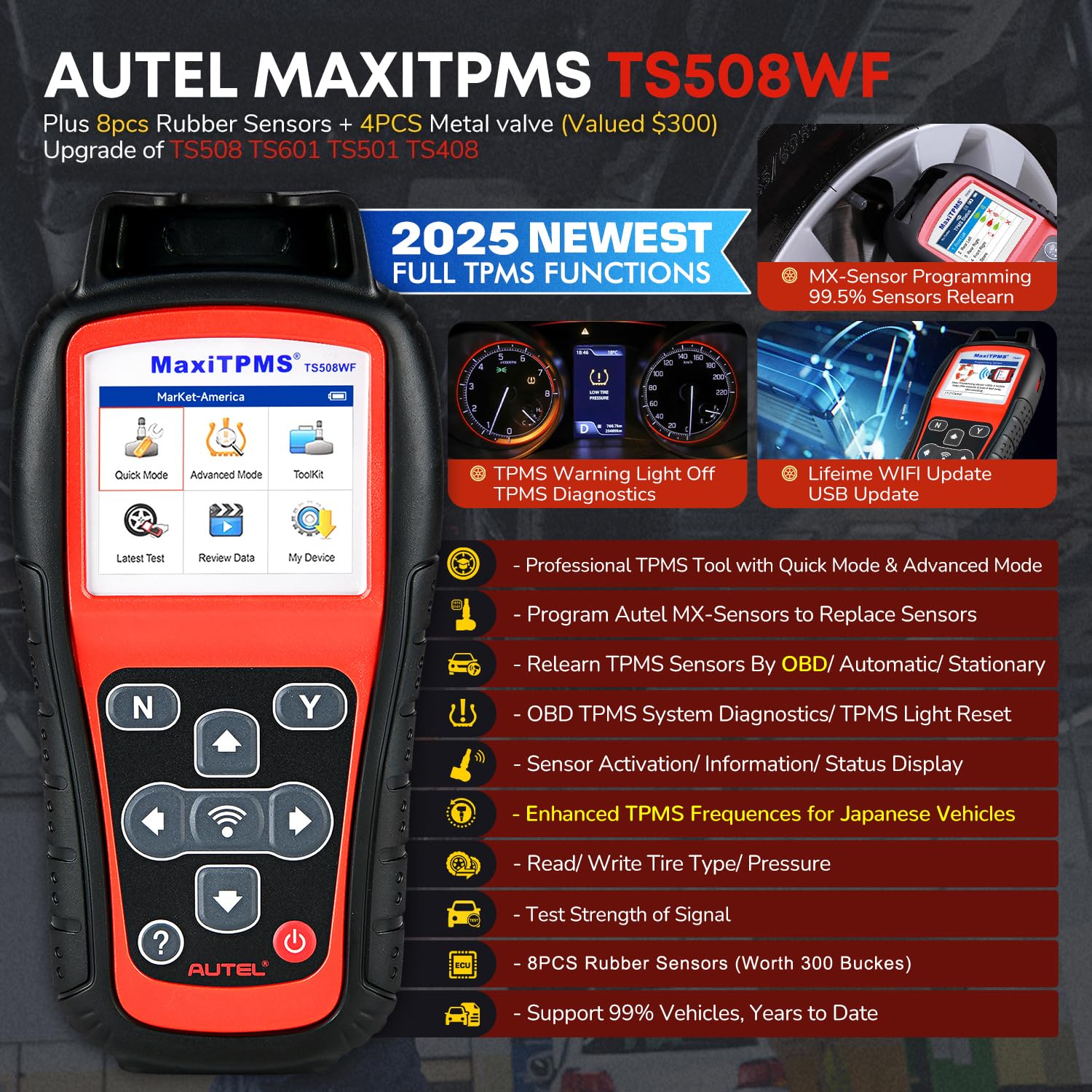 Autel MaxiTPMS TS508WF KIT, 2025 TPMS Programming Relearn Tool, WiFi Ver. of TS508 TS501 PRO TS601 TS408S, Lifetime Update, Relearn/Activate All Sensor, TPMS Scan Tool w/$300 8PCS Sensor &4PCS Valves