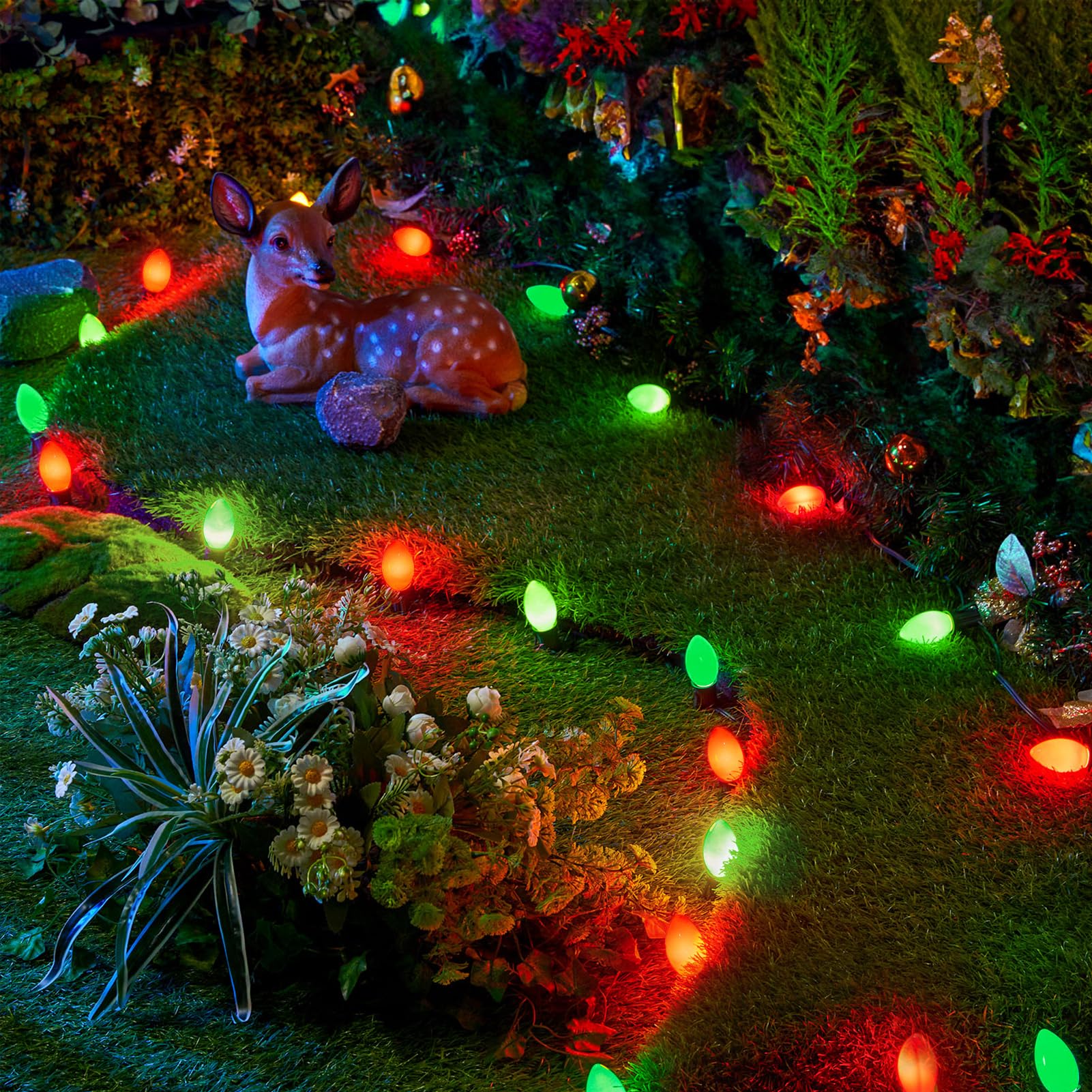 Brightown 25 Pack Red and Green C9 LED Christmas Light Bulbs,Colored Plastic C9 Shatterproof LED Bulbs Replacement for Christmas String Lights, E17 Intermediate Base, Commercial Dimmable Bulbs