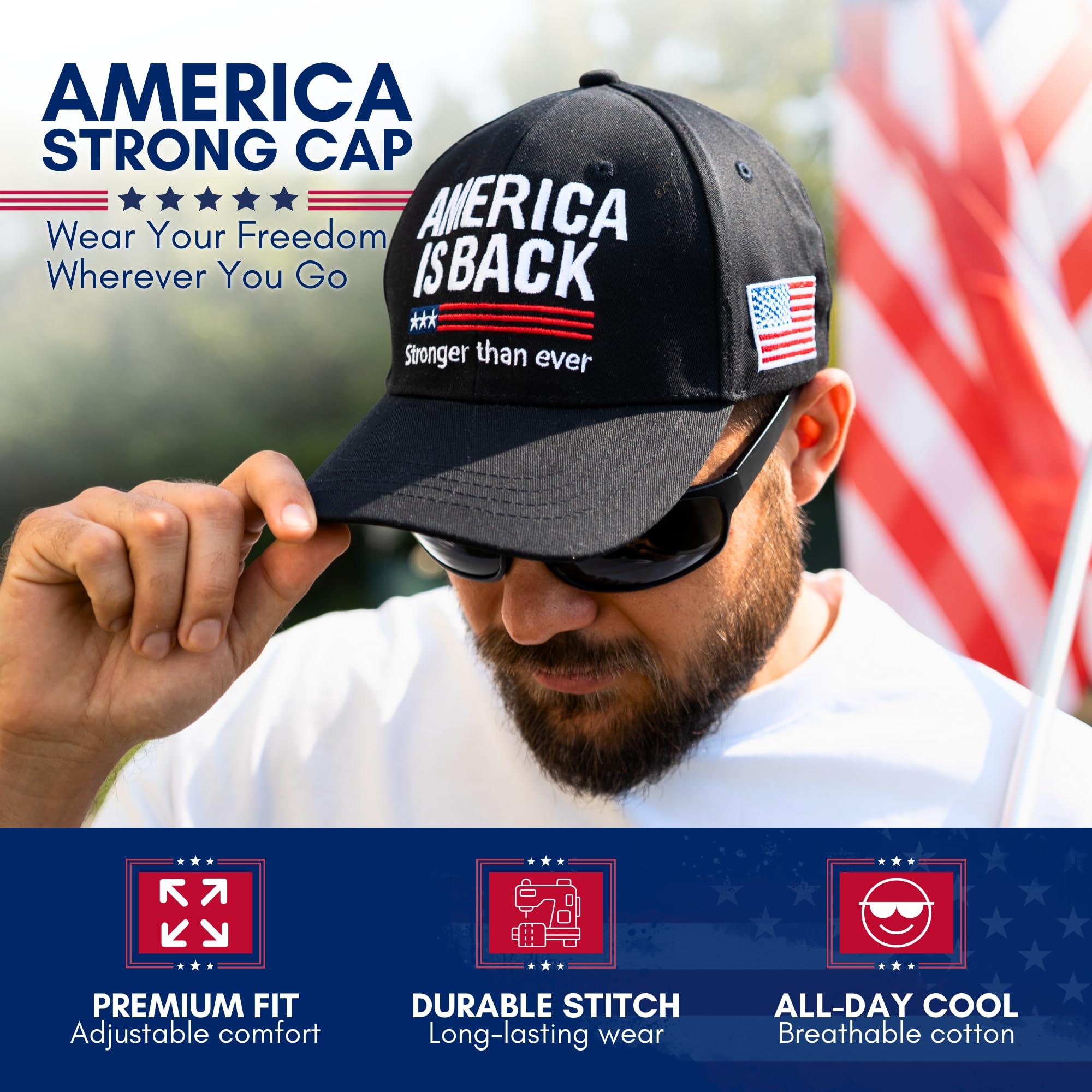 Zadin American Flag Hat for Men Women, USA Hats Baseball Cap, Patriotic Caps Outfit Accessories, Trucker Apparel Black
