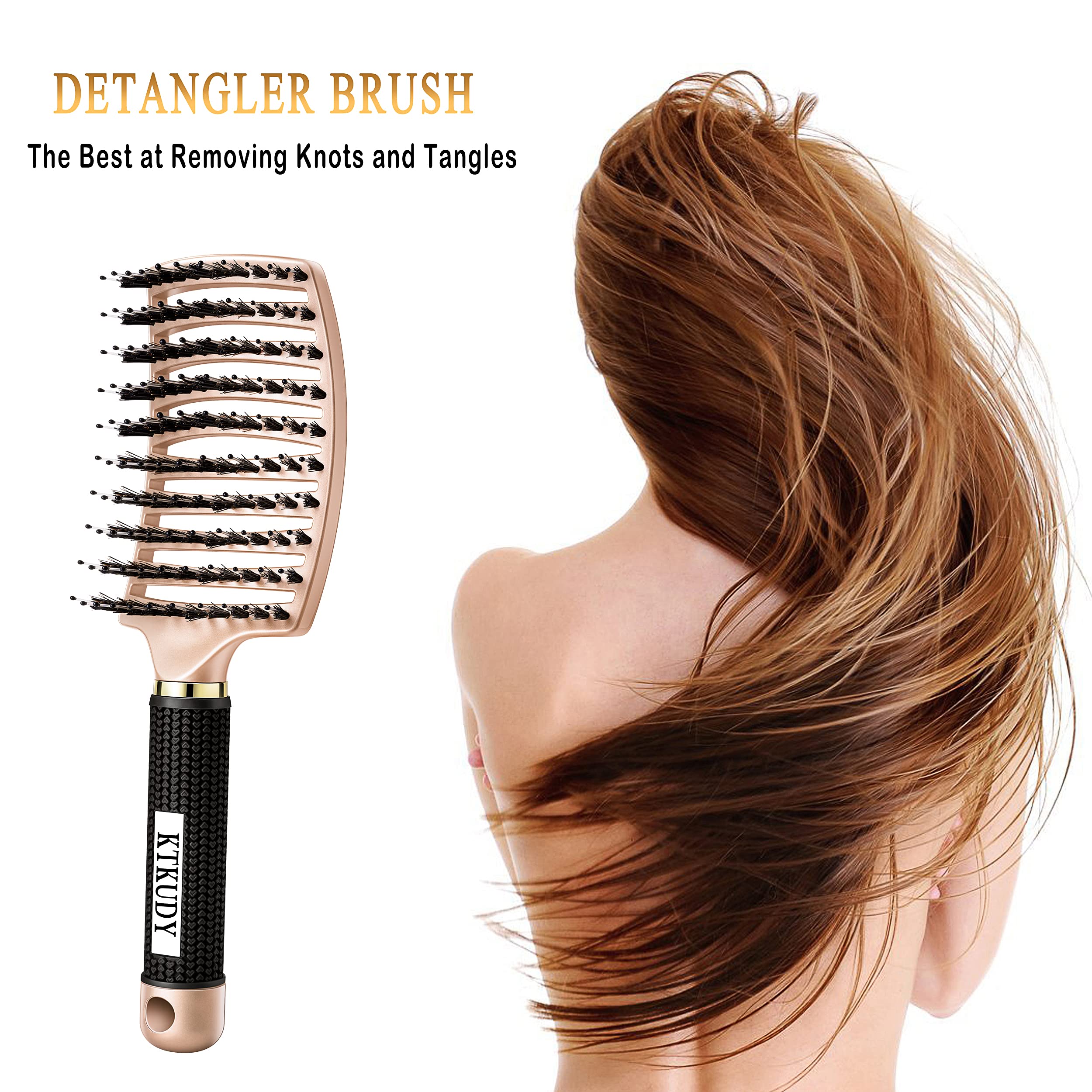 KTKUDY Detangling Brush Getting Knots Out without Pain - Boar Bristles Hair Brush Make Hair Shiny & Healthier Vented Detangler Brush for Women Men Kids Wet and Dry Hair (Gold & Green)