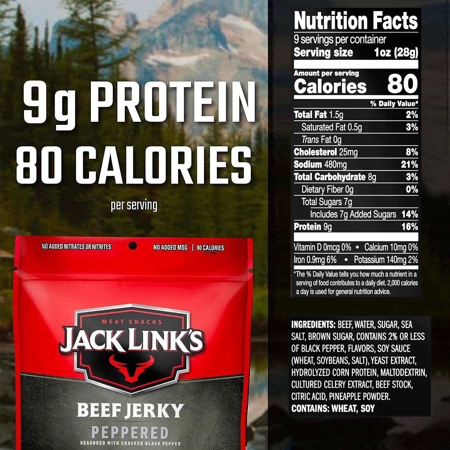 Jack Link's Beef Jerky, Peppered, Large Jerky Bags – Flavorful Meat Snacks, Ready to Eat Protein Snacks with 9g of Protein, Made with 100% Beef, Keto, Paleo & Carnivore Diet Ready – 9 Oz. (Pack of 2)