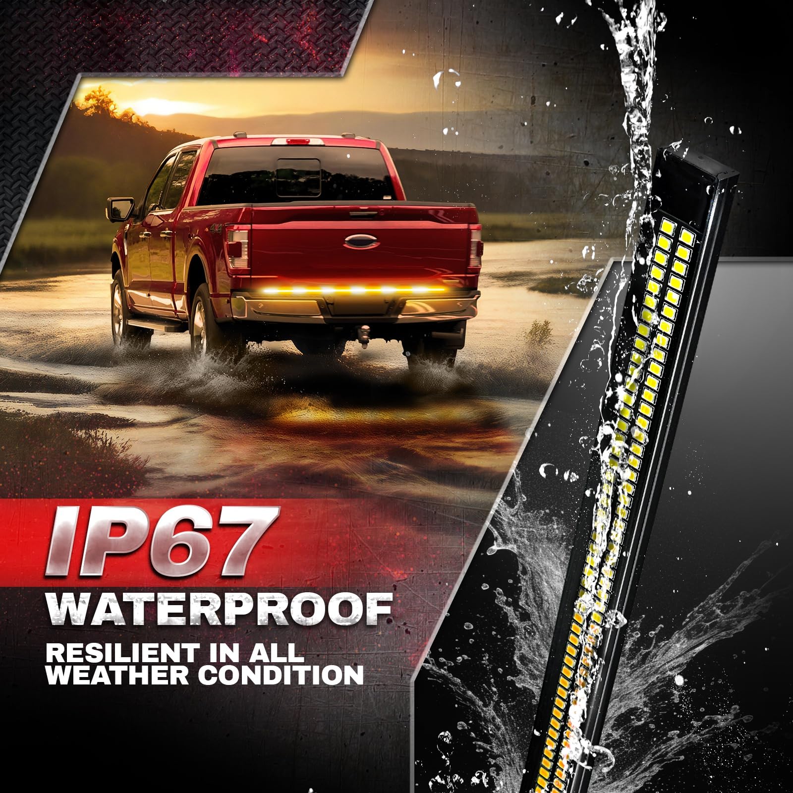 OPT7 60" Tailgate Strobe Light Bar, Double Row LED Aluminum Weatherproof Strobe Light Strip w/Amber White Flashing Warning Hazard Emergency Light for F150 Silverado Truck Trailer Construction Vehicles