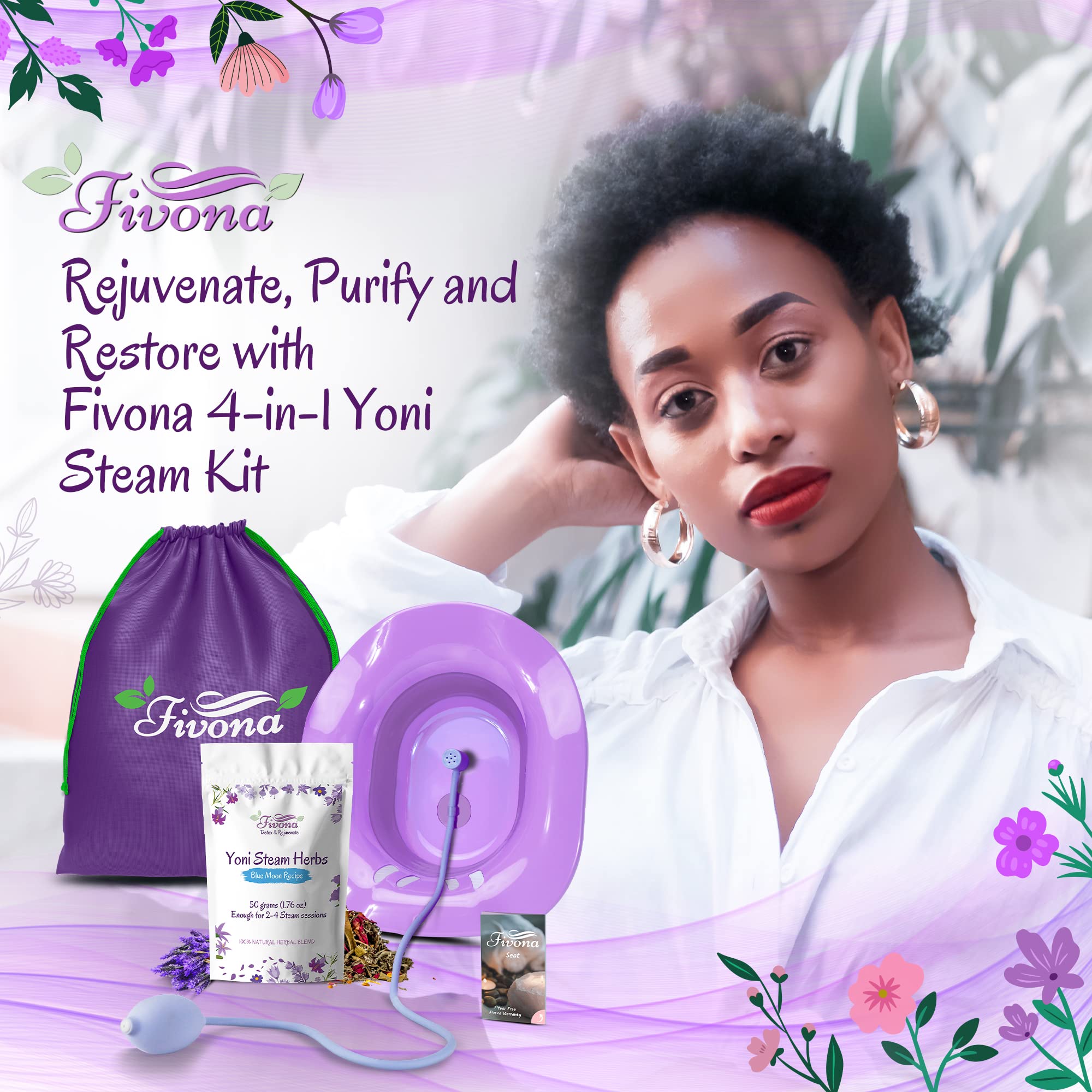 Fivona Yoni Steam Kit 4-in-1 Bundle of Expandable Steaming Seat for Toilet Pump Storage Bag and All Natural Blue Moon Yoni Steam Herbs for V-Steam Therapy Cleansing Detox