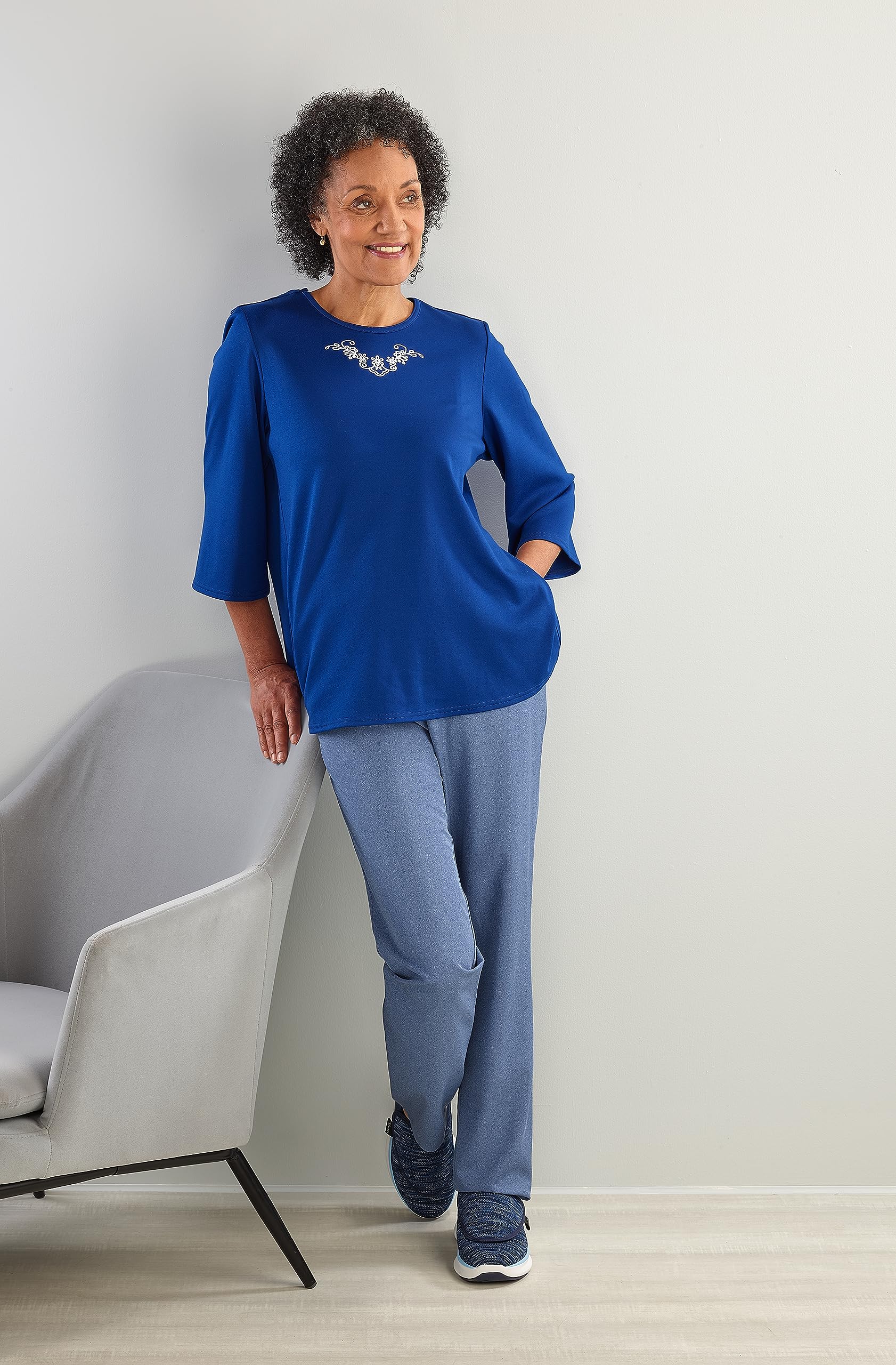 Women’s Open Back Adaptive Warm Winter Weight Top for Seniors - 3/4 Long Sleeve Scoop Shirt - Grey LGE