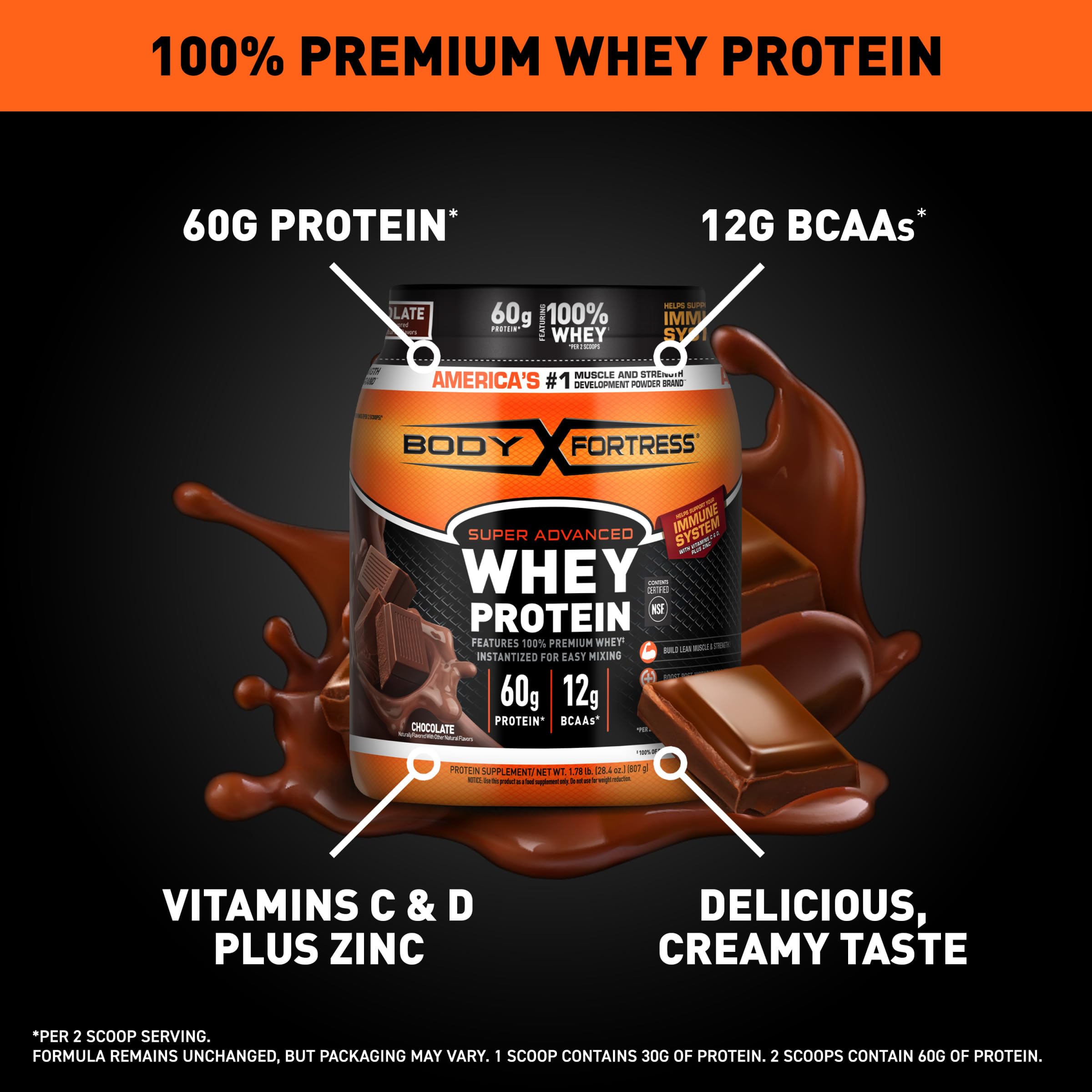Body Fortress 100% Whey, Premium Protein Powder, Chocolate, 1.78lbs (Packaging May Vary)