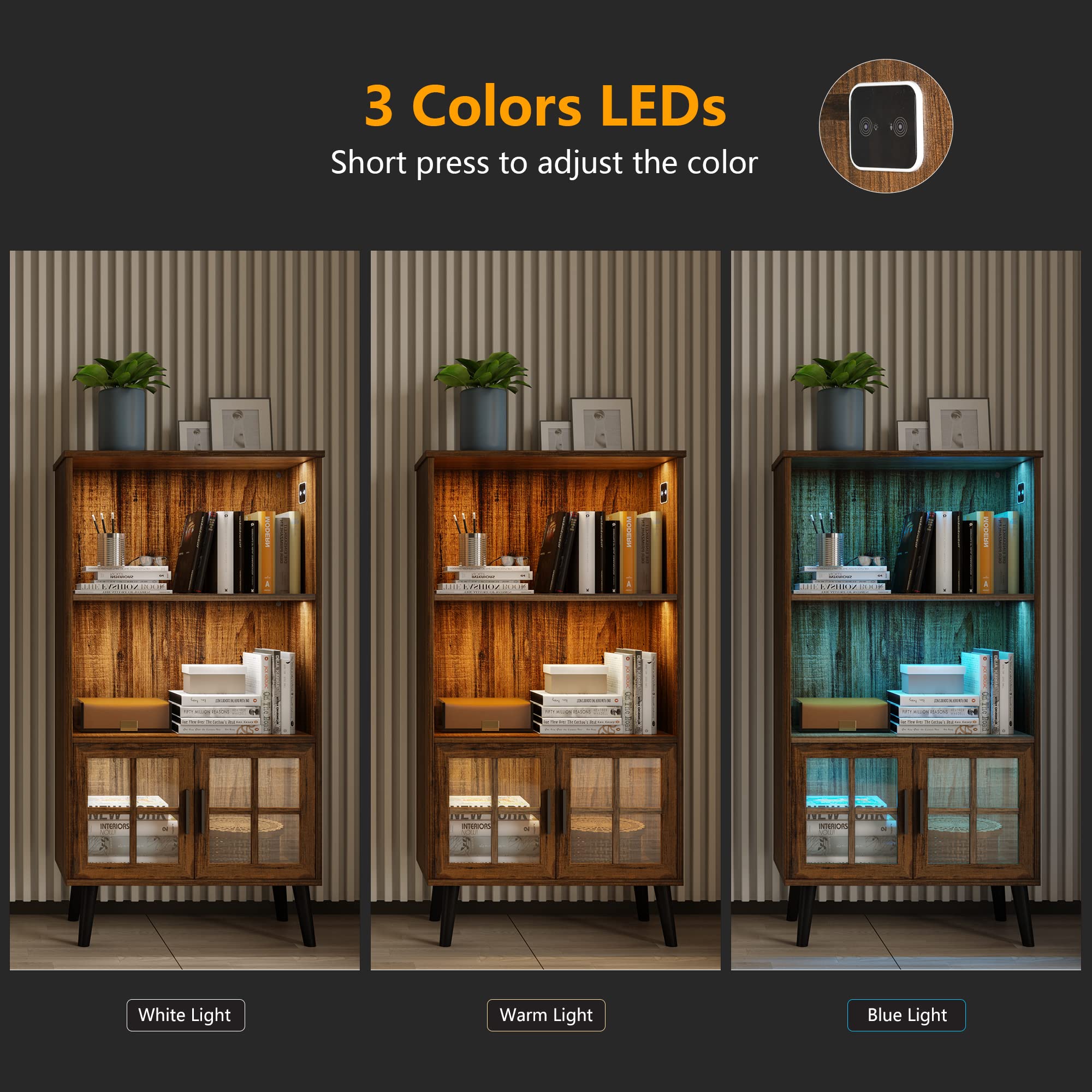 LVSOMT 3 Shelf Bookcase with LED Lights,Book Case with 2 Open Shelves, Storage Cabinet with Door, Human Body Induction Mode, Modern Wood Bookshelf for Bedroom/Living Room/Office, Brown