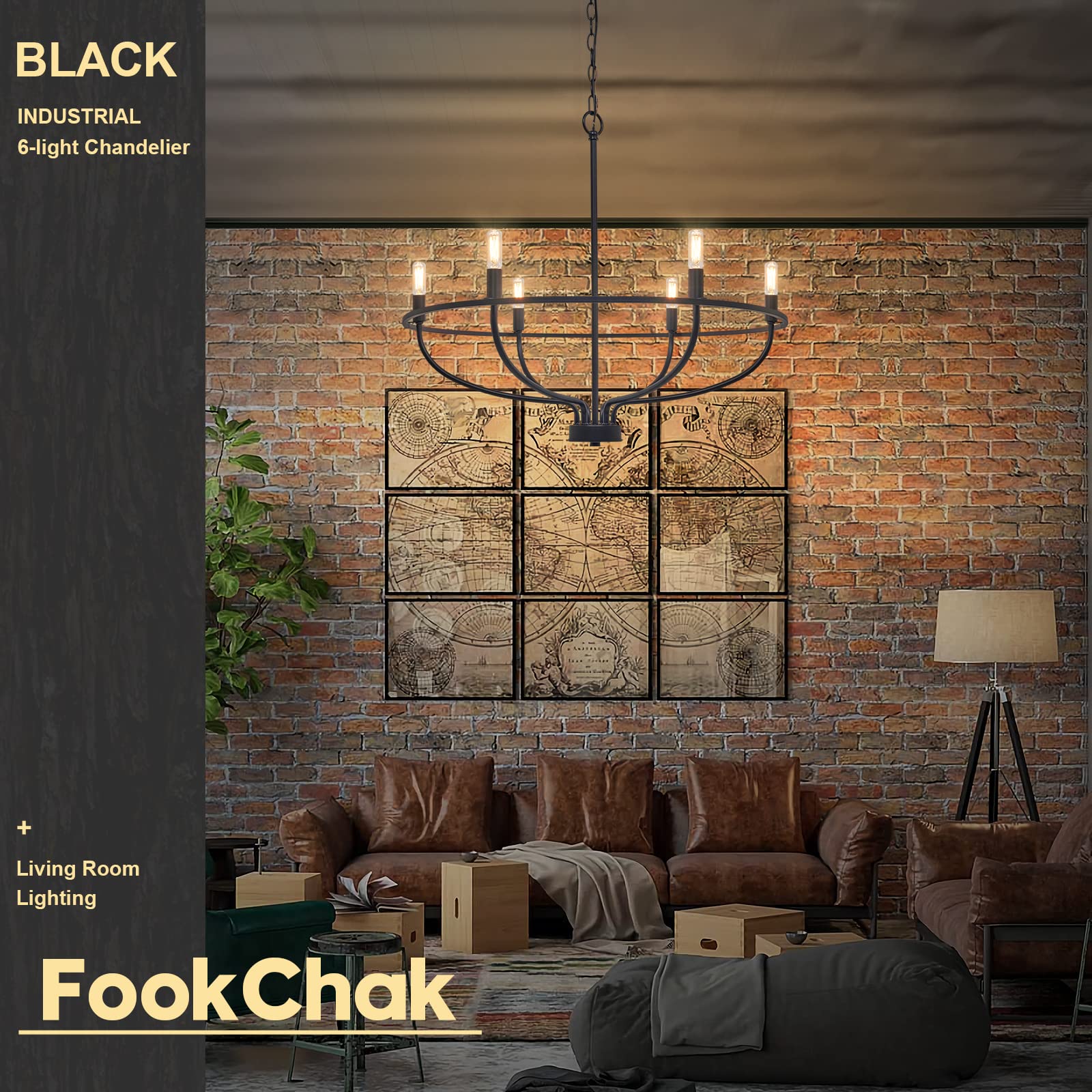 FookChak 6-Light Black Chandelier Light Fixture Industrial Candle Chandelier Black Chandeliers for Dining Room for Bedroom, Living Room,Kitchen,28.54in, E12