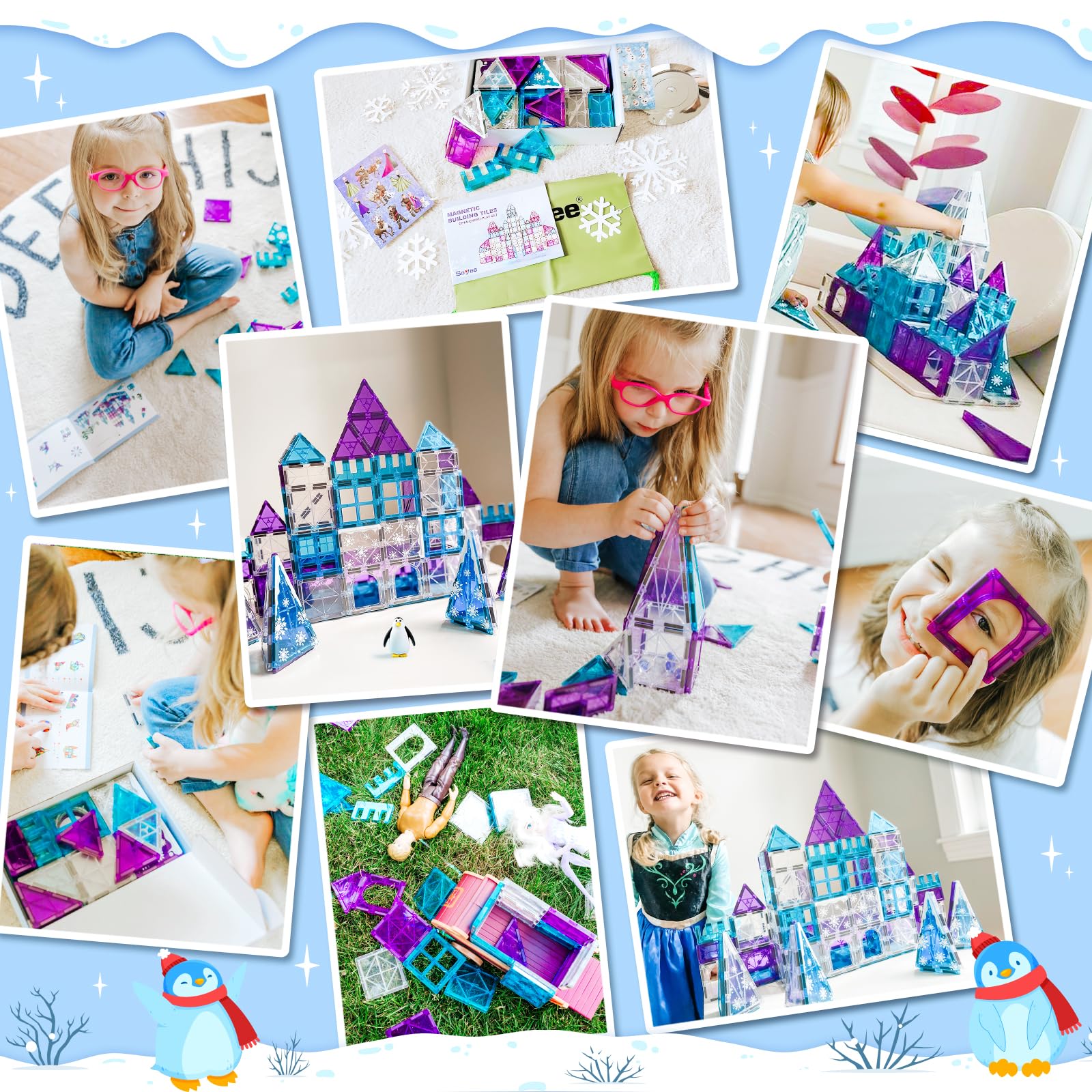 Magnetic Tiles 54PCS with 4 Arctic Animals Frozen Toys for Girls Ages 3-5 4-7 6-8 Magnet Building Blocks Kids Games STEM Princess Toys Gifts for Kids