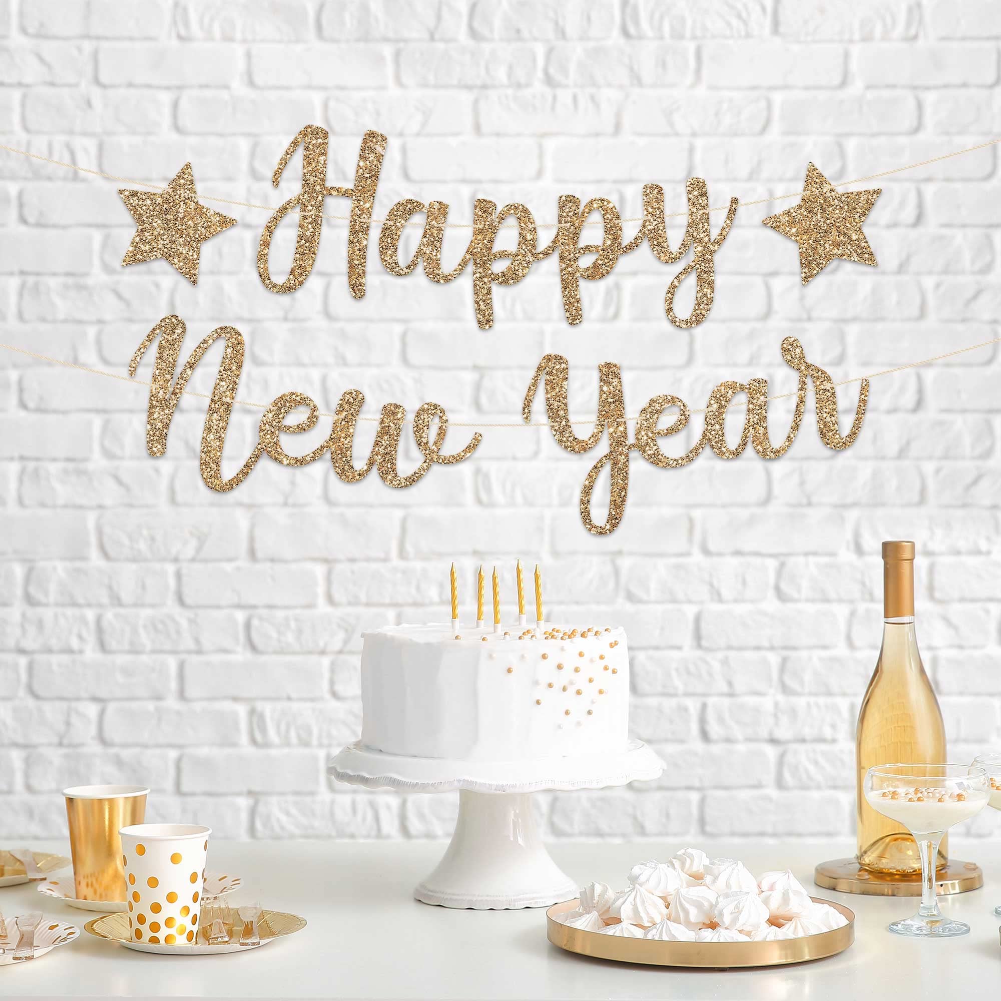 PreStrung Happy New Year Banner NO DIY Gold Glitter New Years Eve Party Banner in Script PreStrung Garland on 6 ft Strands Gold 2023 New Years Eve Party Supplies & Decorations & Decor. Did