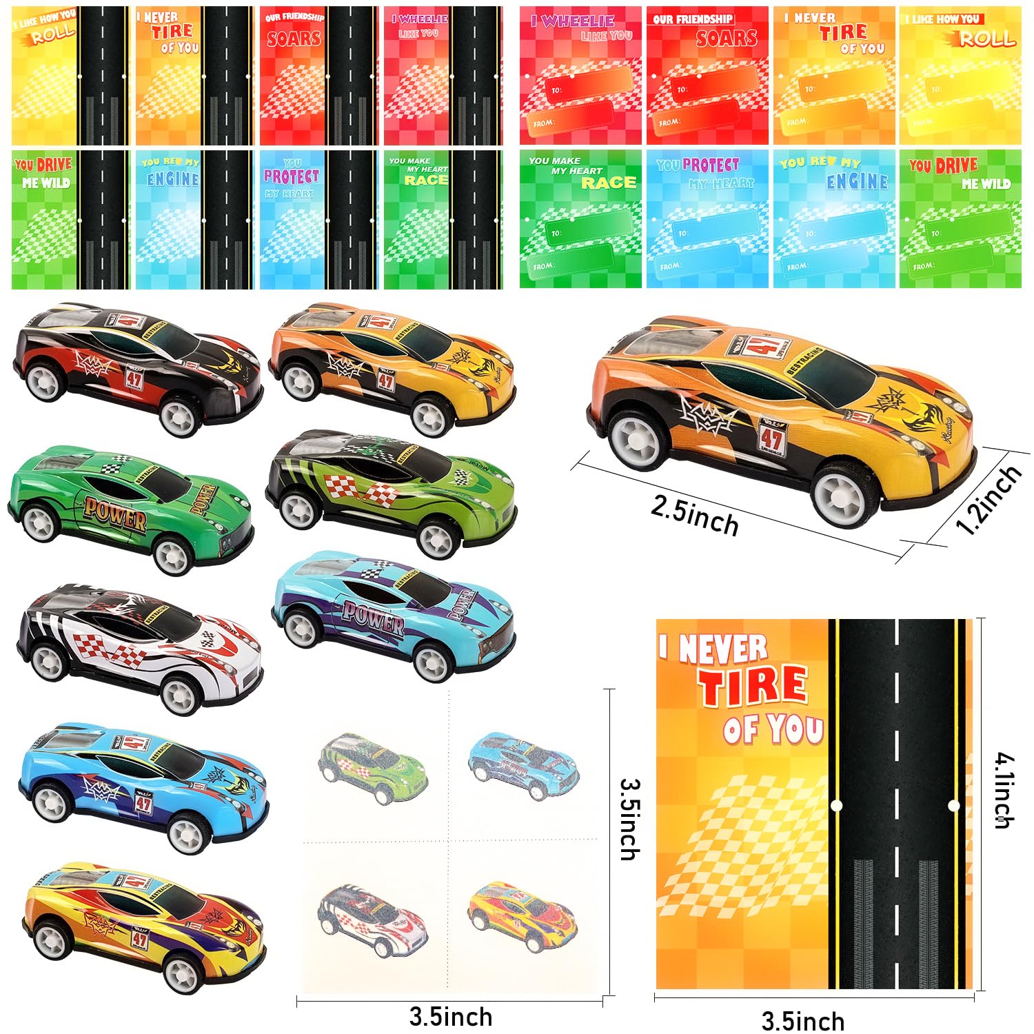 Valentines Day Cards for Kids - 32 Pack Race Cars Valentines Greeting Cards with Pull Back Cars Toys & Temporary Tattoos, Valentines Day Exchange Gift Cards for Boys Classroom School Party Supplies