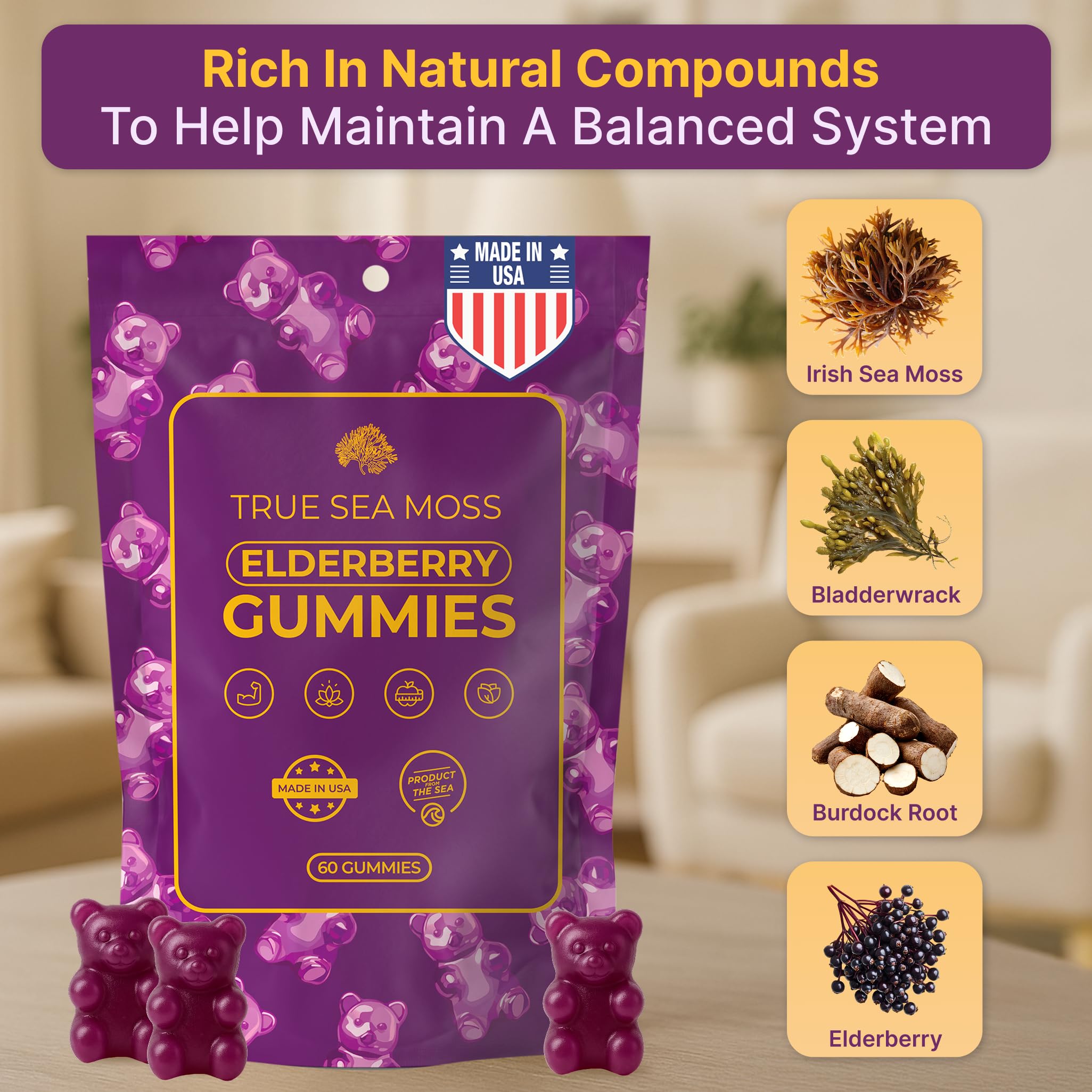 TrueSeaMoss Sea Moss Elderberry Gummies for Adults & Kids - Magnesium, Burdock Root & Bladderwrack – Supports Immune, Boost Energy, Skin & Hair Health, Detox – Made in USA - 60 Vegan Gummies