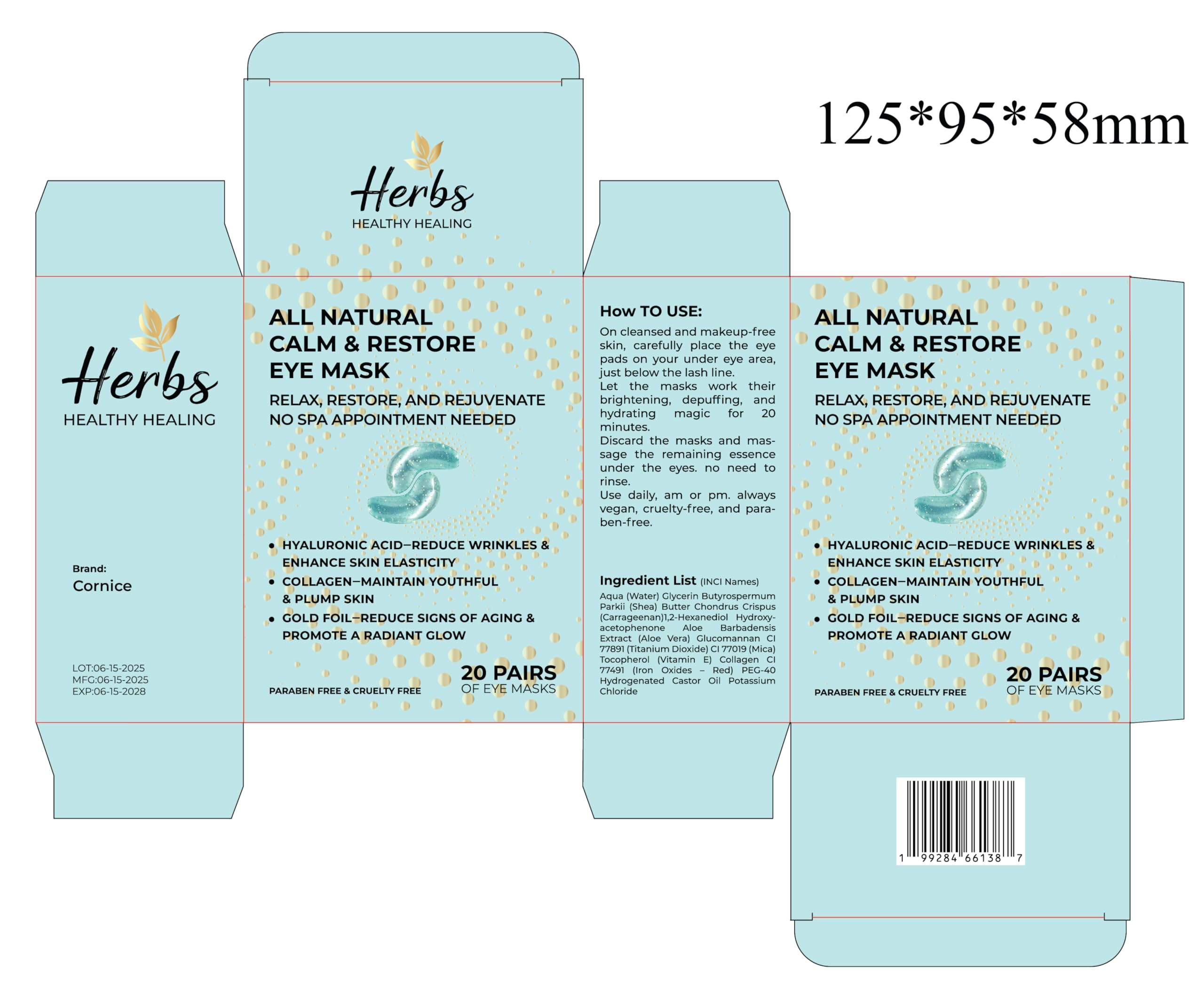 Cornice Herbs Healthy Healing 24K Gold Under Eye Masks – Collagen & Hyaluronic Acid Gel Patches for Dark Circles, Puffiness, Fine Lines – Eye Masks for Women & Men – 20 Pairs, Clean Beauty Skincare