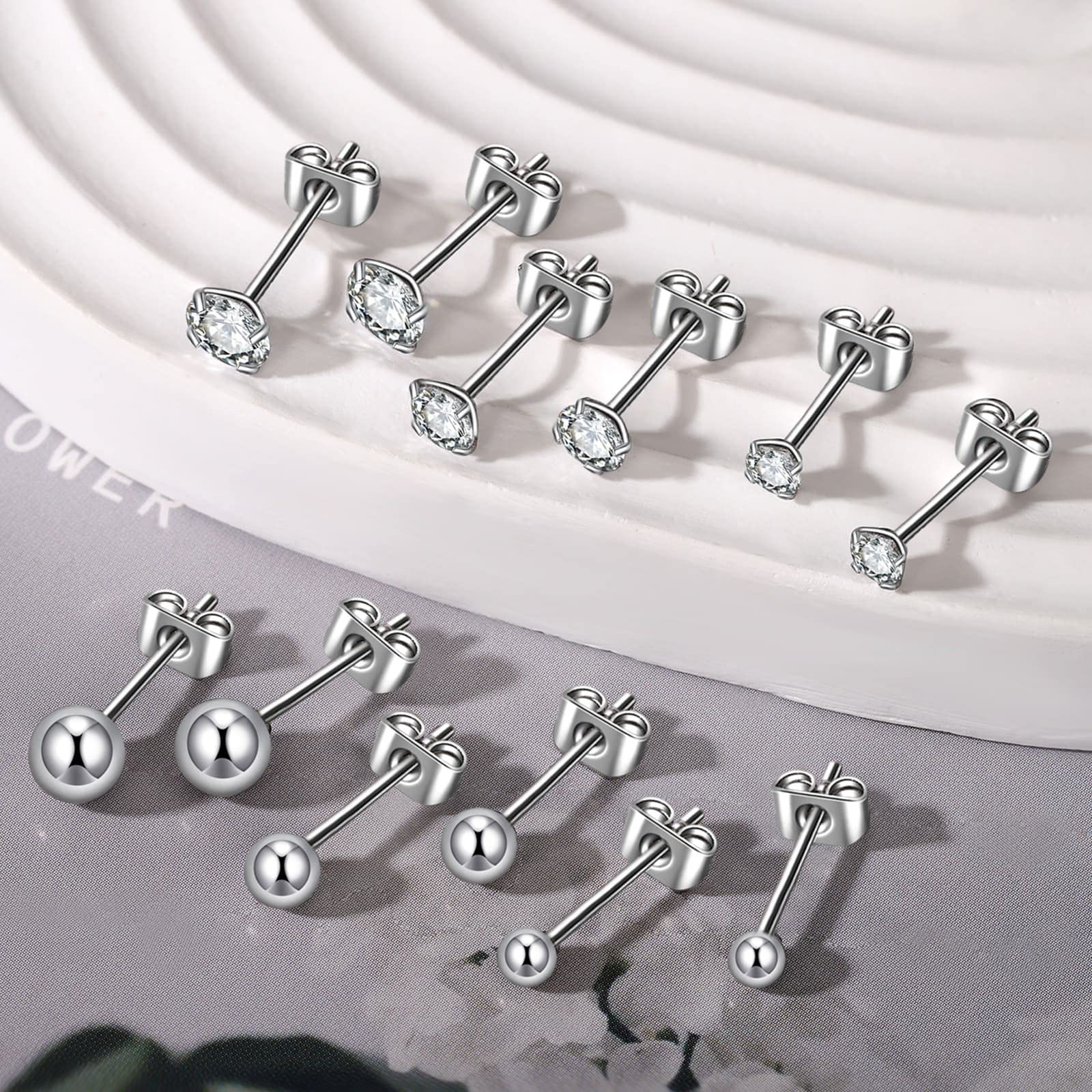 KANOUE 10 Pairs Silver Surgical Steel Earrings Sets for Multiple Piercing Lightweight Small Huggie Hoop Earrings CZ Stud Earrings for Women Trendy Cartilage Hypoallergenic