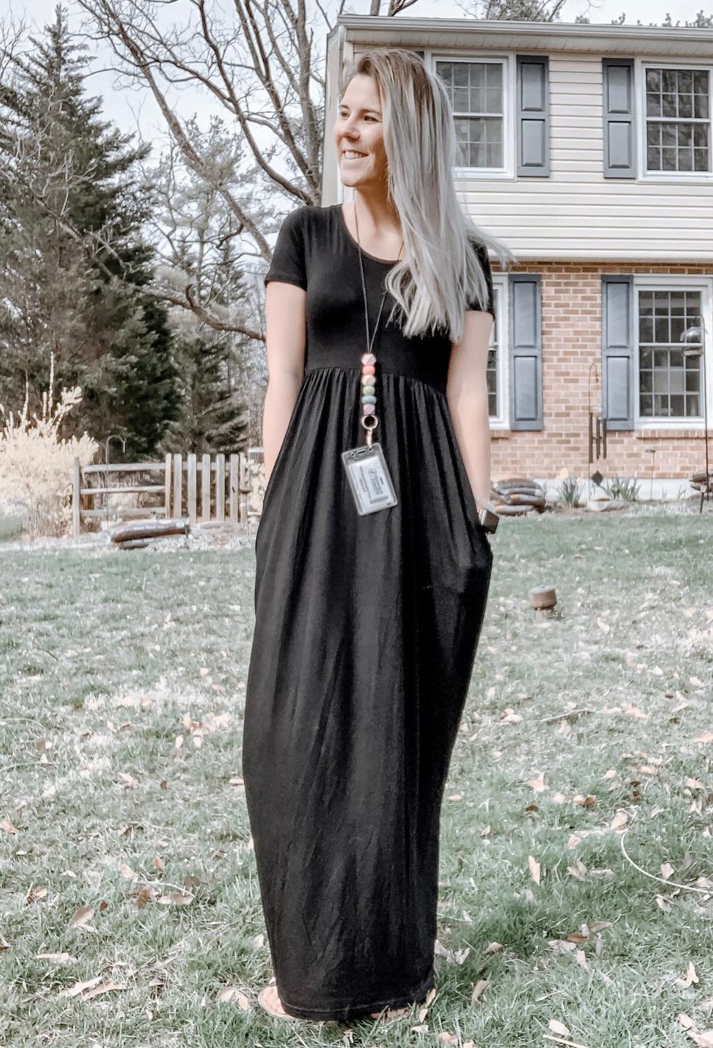 DEARCASE Maxi Dress for Women Black Small Crewneck Short Sleeves Wedding Guest A-line Casual Party Vintage Spring Summer Beach Long Dresses with Pockets