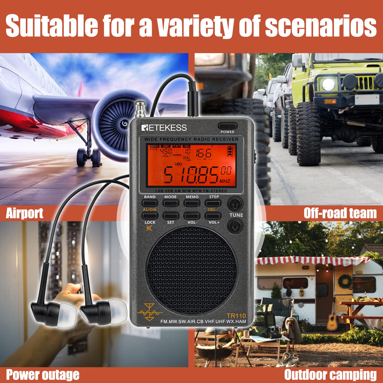 Retekess TR110 Portable SSB Shortwave Radio, Airband Radio Receiver, Full Band Radio MW FM SW Air CB with NOAA Alert, FM Stereo, Clock, Sleep Timer