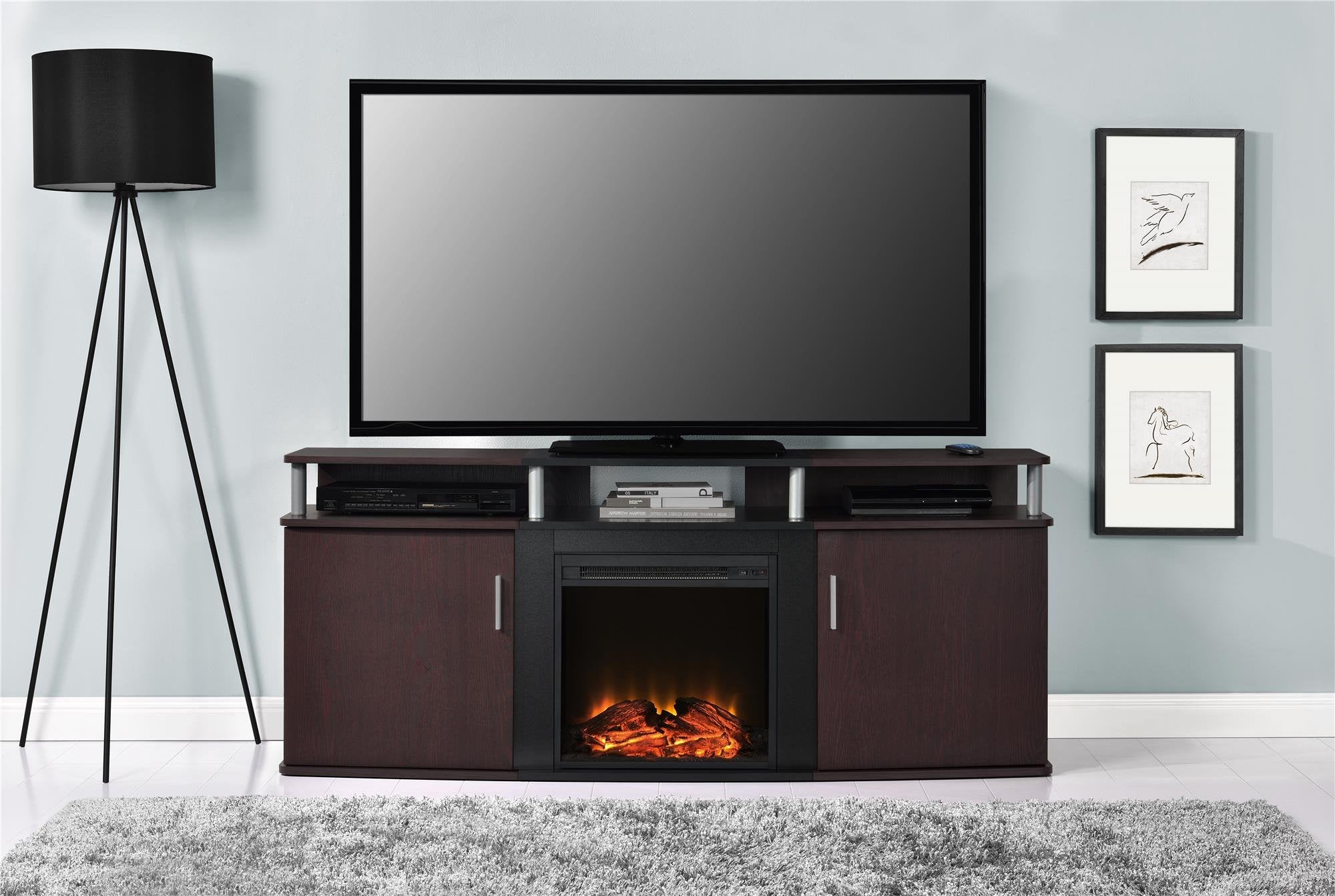 Ameriwood Home Carson Fireplace TV Stand for TVs up to 70 Inch, Replaceable Electric Fireplace Insert Heater, Realistic Log and Flame Effect, for Living Room or Bedroom, Cherry