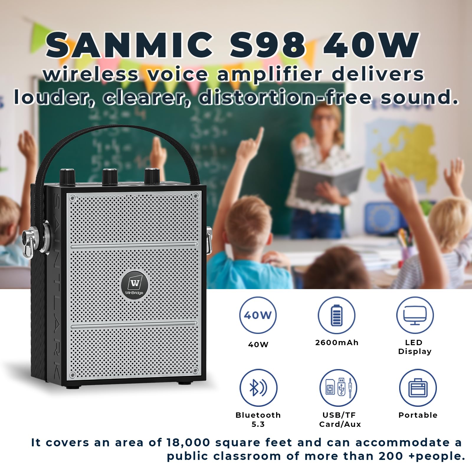 SANMIC Bluetooth 5.3 Voice Amplifier with Wireless Microphone Headset,Personal Wireless amplifier Mic for Teachers,40W Loudly Portable Megaphone Pa System for Classrooms,Speeches,Outdoors Indoors-S98