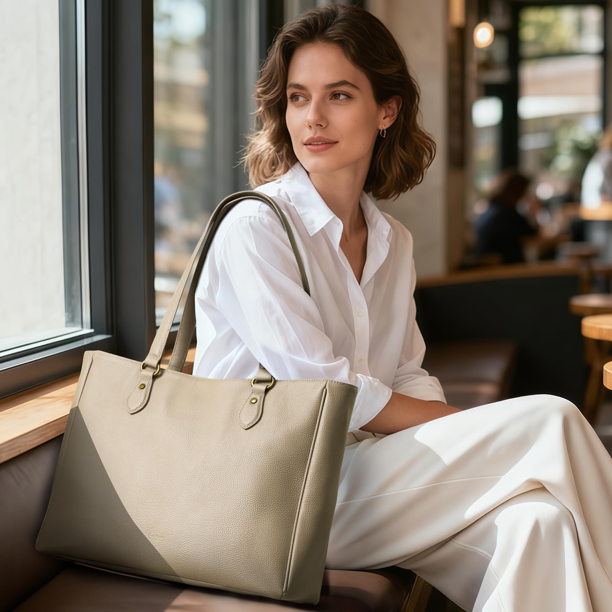 befen Genuine Leather Tote Bag Purse for Women, Women's Shoulder Totes Bags Purses Satchel Handbags with Padded Compartment for Daily & Travel Taupe