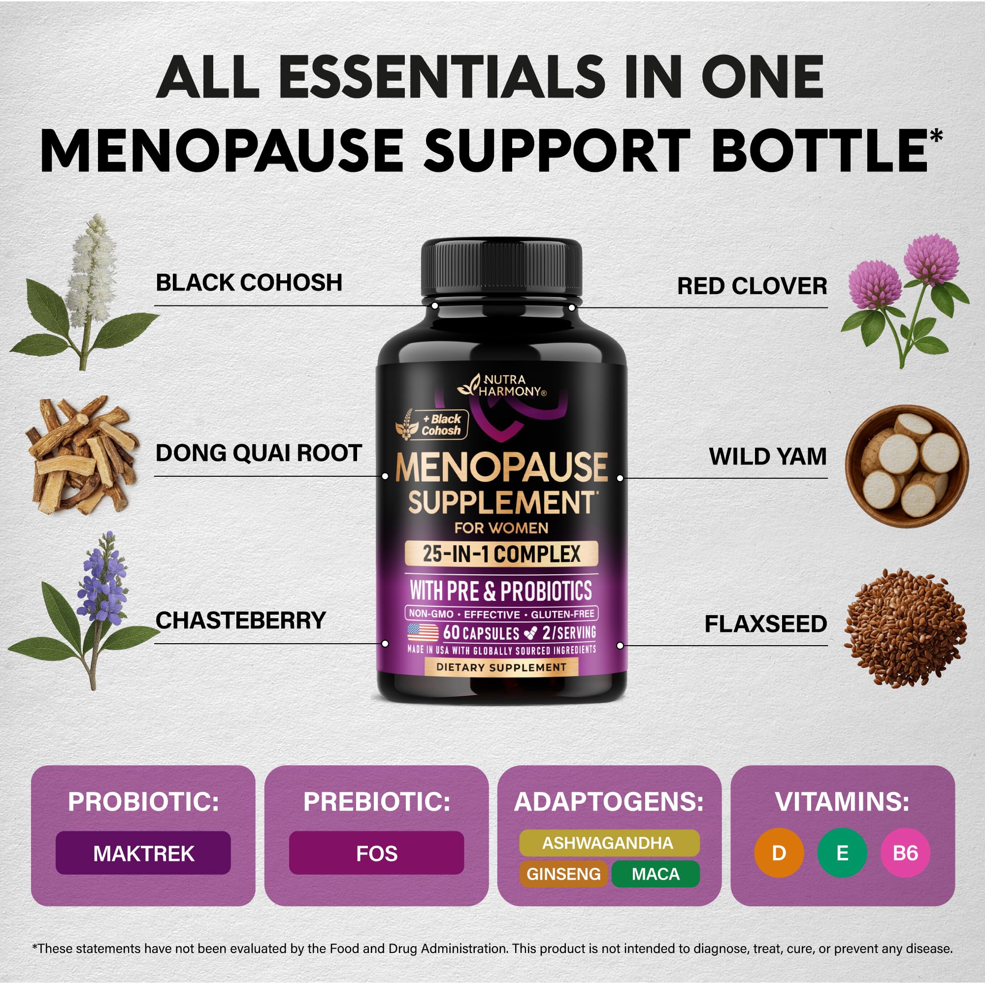 Menopause Supplements for Women - Dong Quai, Black Cohosh, Pre & Probiotics - Sweats & Hot Flashes Relief - Digestion, Sleep & Mood Support - 25-in-1 Perimenopause Complex - Made in USA - 60 Capsules