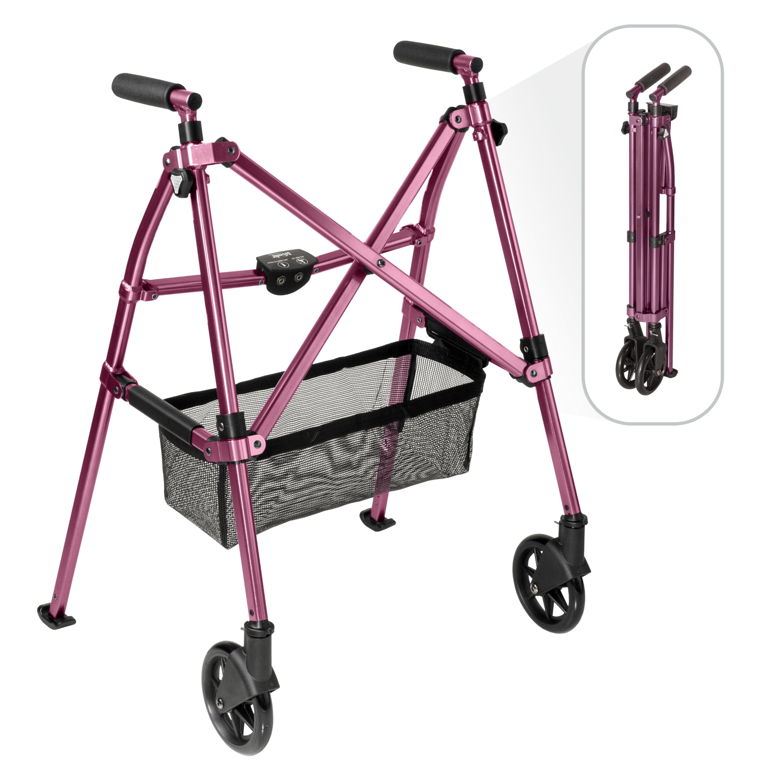 Stander Wonder Walker Plus, Lightweight Folding Mobility Aid for Adults, Seniors, and Elderly, Collapsible Travel EZ Fold-N-Go with Wheels, Glides, & Basket, Regal Rose