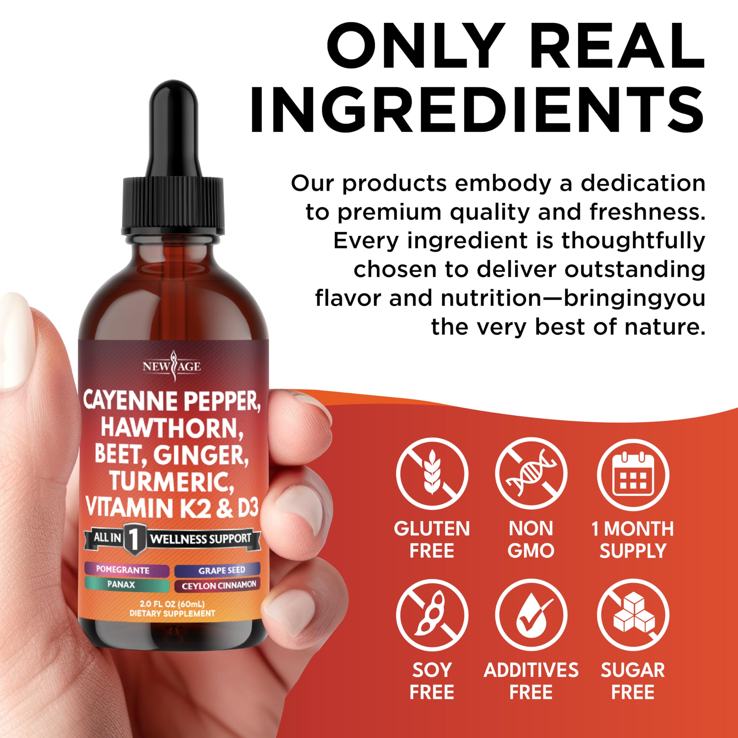 Cayenne Pepper Supplement Liquid Drops + Hawthorn Berry, Vitamin D3 K2 Beet Root Powder, Ceylon Cinnamon, Turmeric Curcumin, Organic Panax Ginseng - 4oz