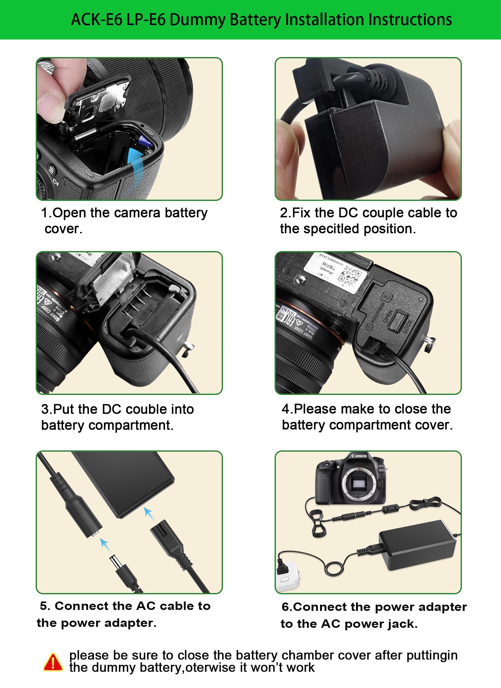 Gonine LP-E6 Dummy Battery ACK-E6 Continuous Power Adapter for Canon EOS R Ra R3 R5 R5C R6 R6II R7, 90D 80D 70D 60D 7D 6D, 5D Mark II/III/IV, 5DS 5DSR Digital Cameras.