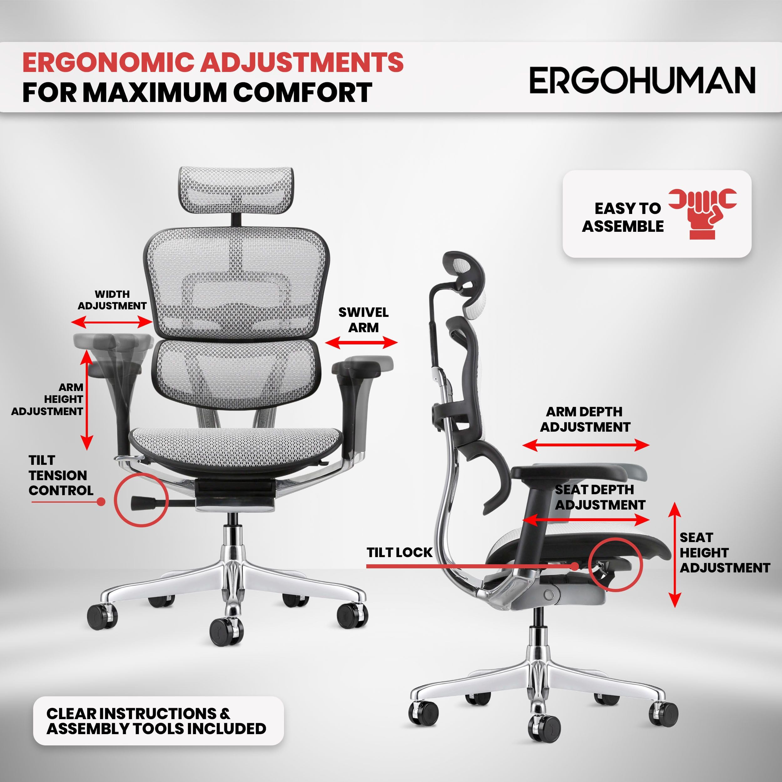 Ergohuman Eurotech GEN2 High Back, Mesh Executive Office Chair with Adjustable Lumbar Support – Ergonomic Tilt Control, Seat Slider, Armrests and Headrest Adjustment, Grey