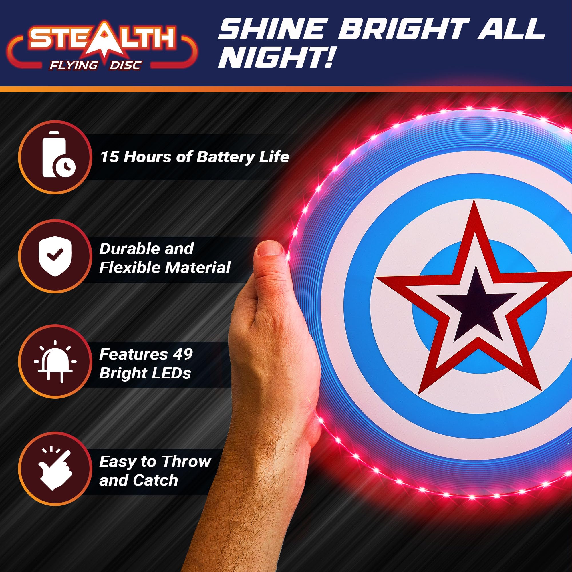 USA Toyz Stealth LED Flying Disc- Light Up Disc for Adults and Kids, 49 LEDs Glow in The Dark Disk, 2 LED Arm Bands, Sport Golf Ultimate Disc Outdoor Game Set, Waterproof Glow Hover Discs (Red/Blue)